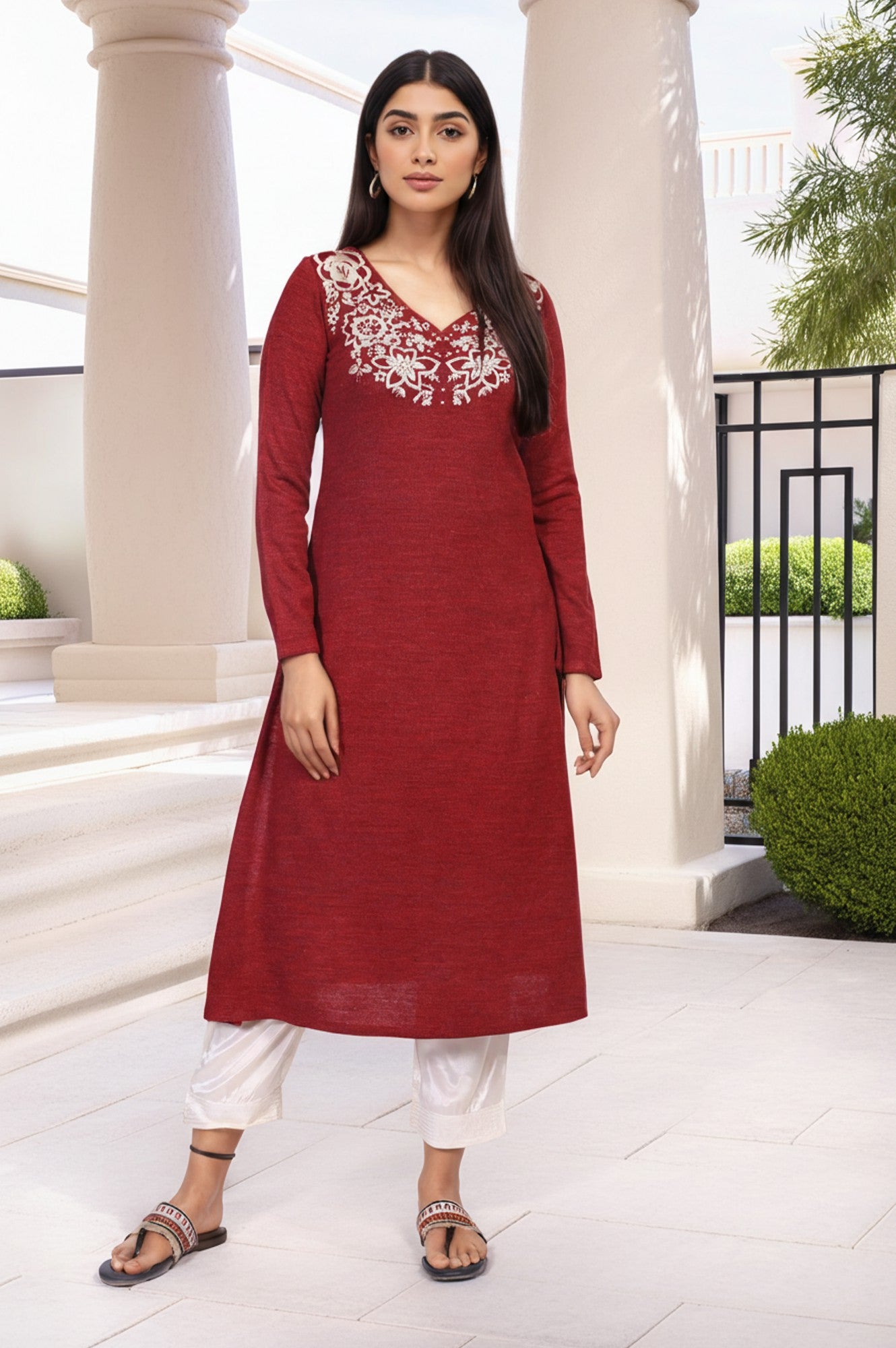 Maroon Embroidered A-Line Acrylic Winter Kurta