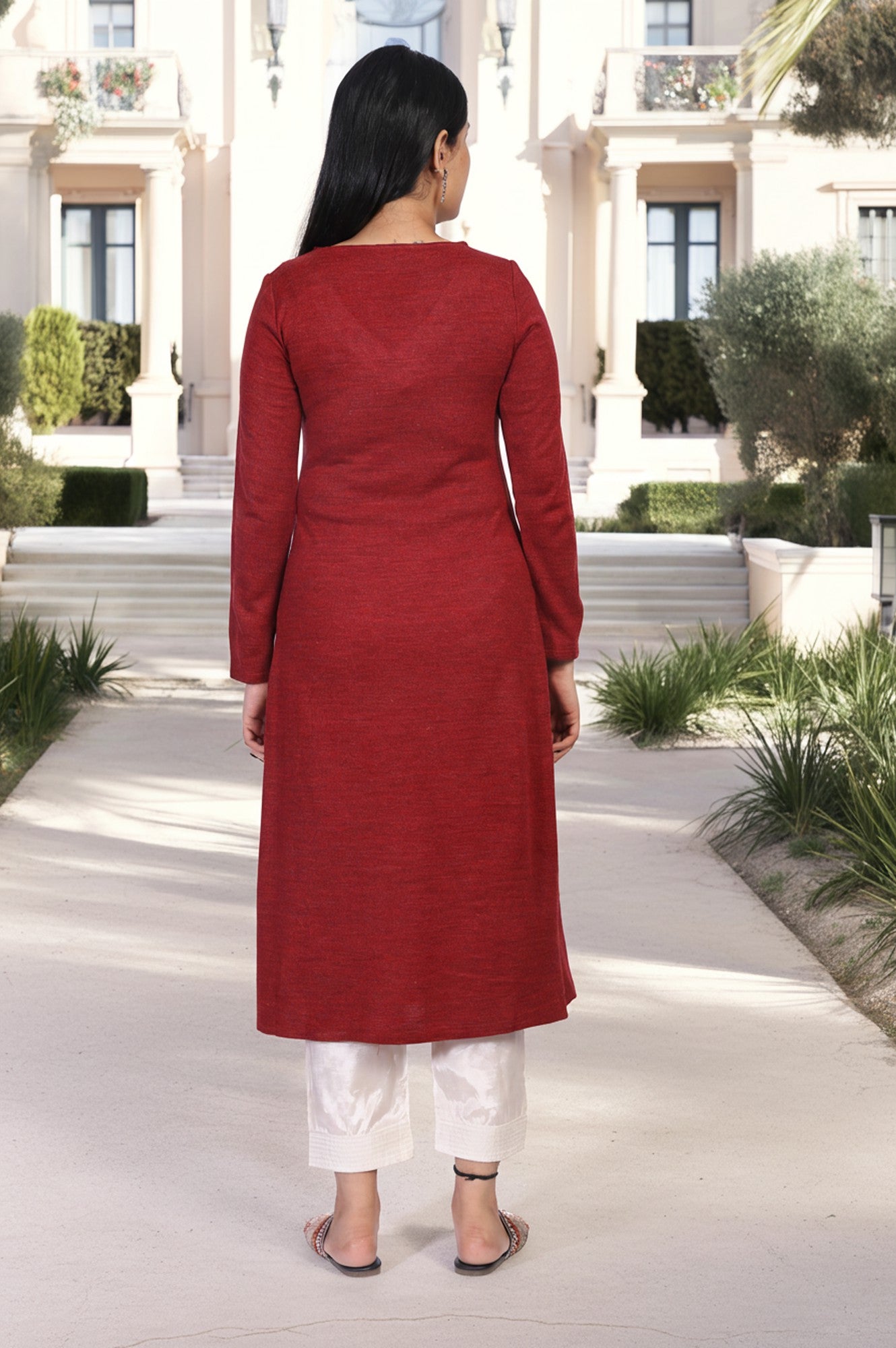 Maroon Embroidered A-Line Acrylic Winter Kurta