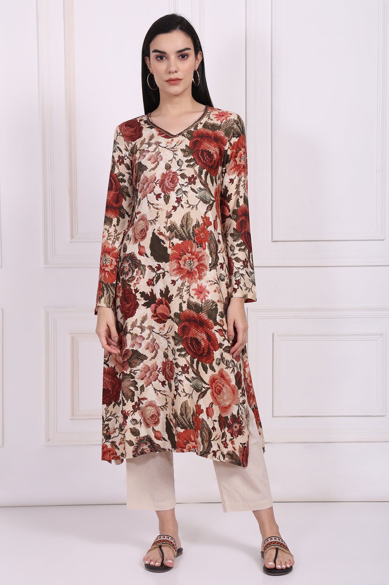 Red Floral Printed A-Line Kurta