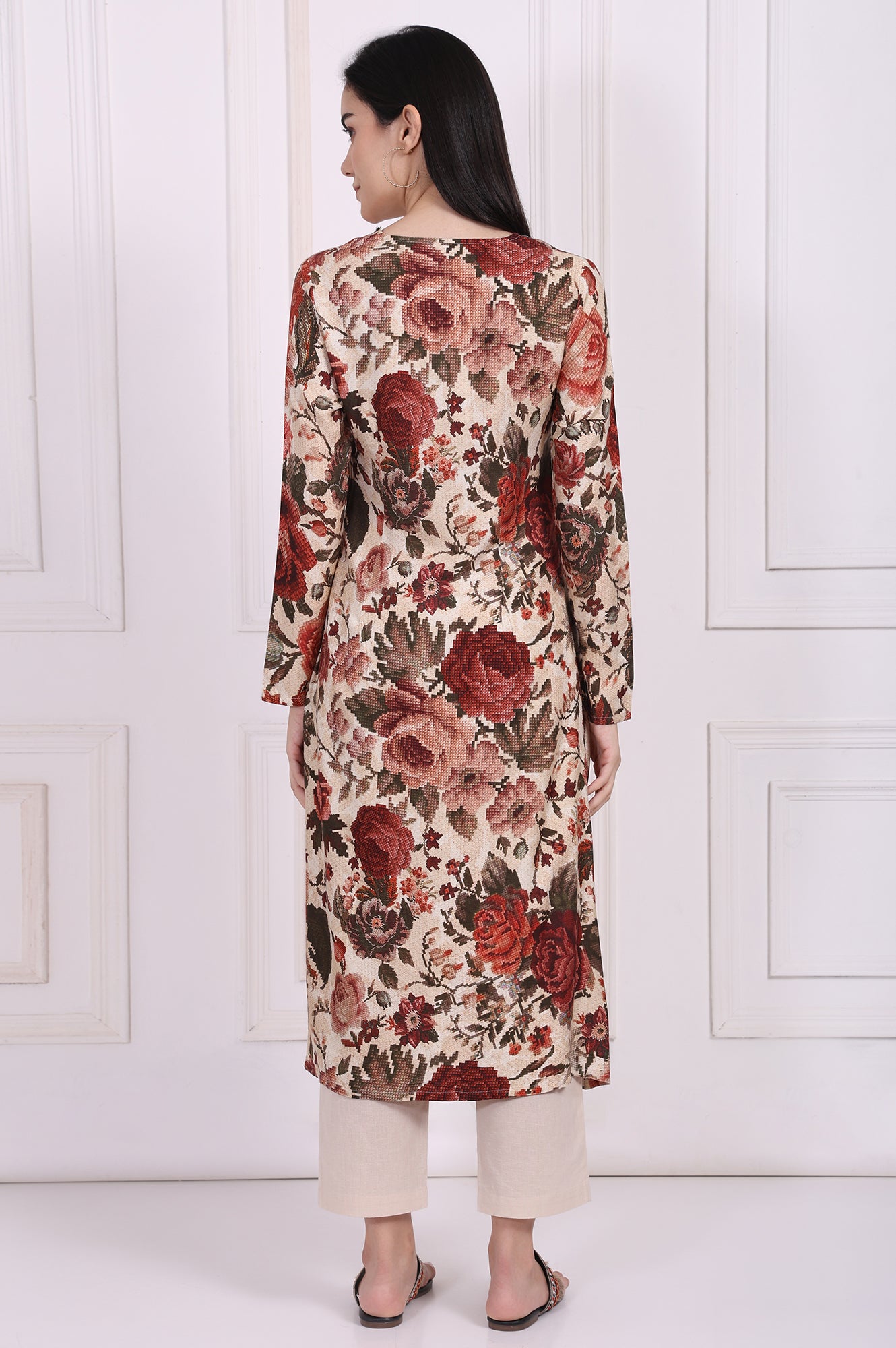 Red Floral Printed A-Line Kurta