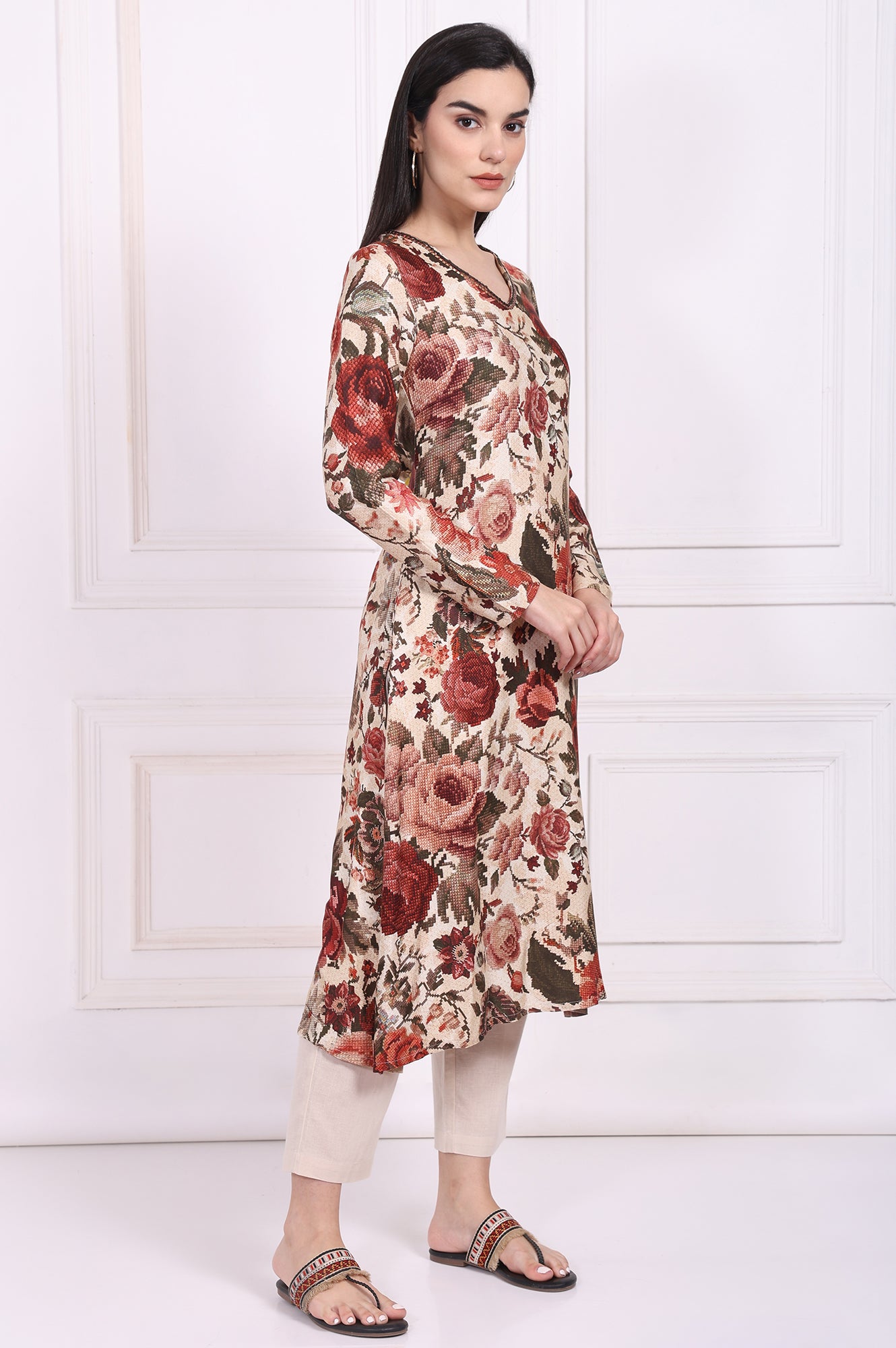 Red Floral Printed A-Line Kurta