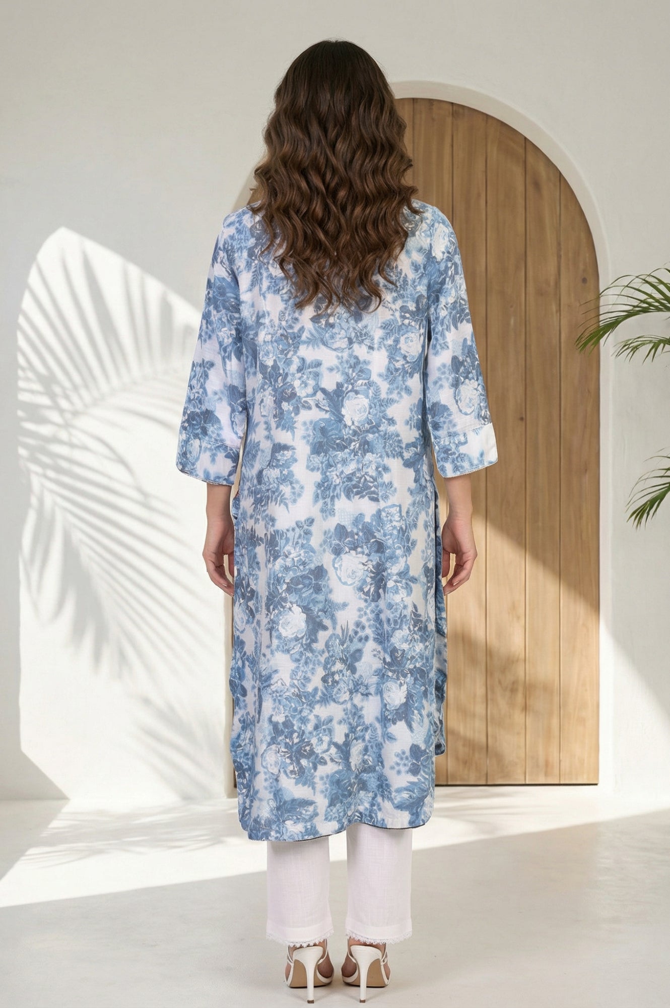 Blue Floral Printed Buttons Pure Cotton Straight Kurta