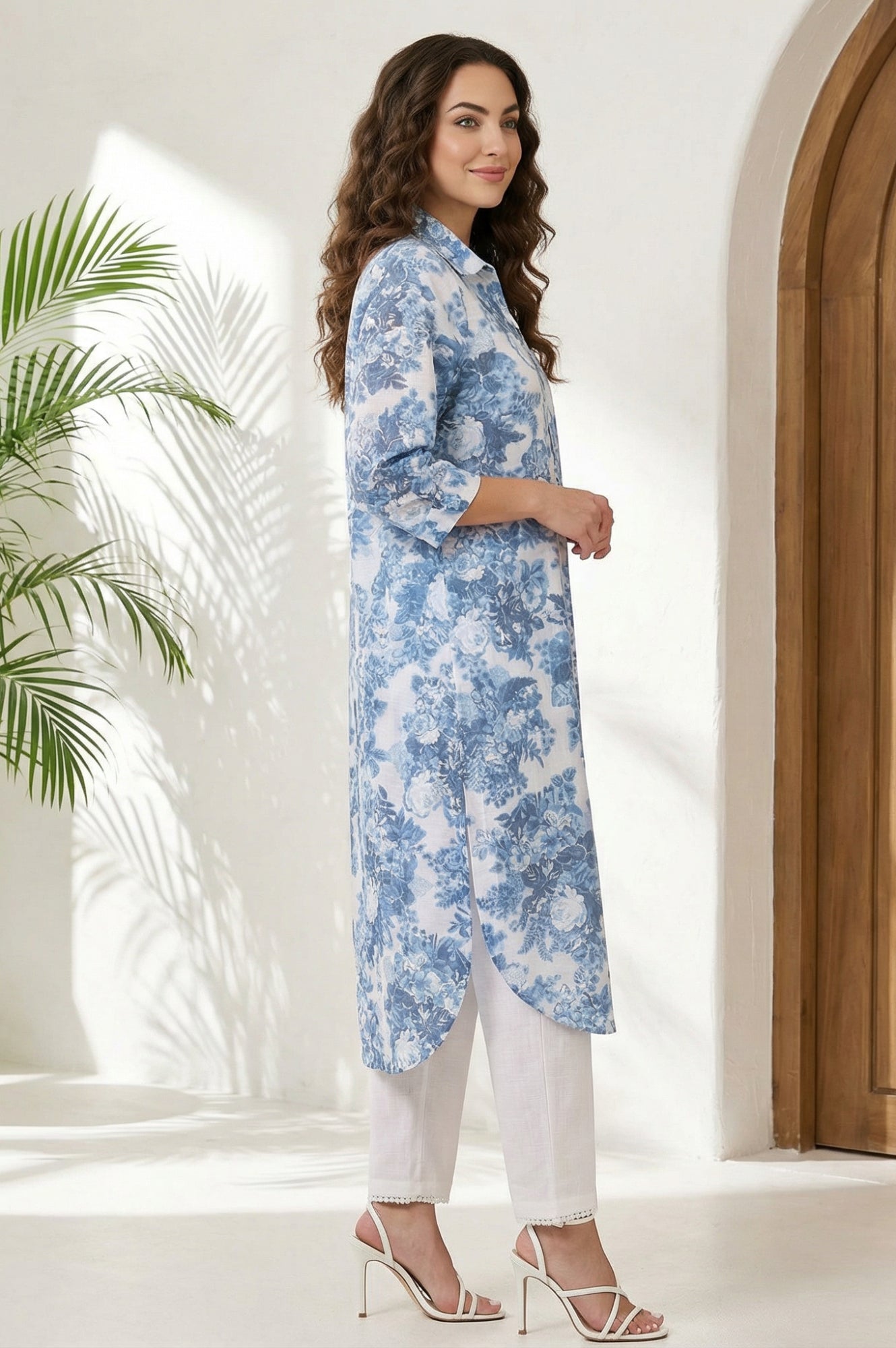 Blue Floral Printed Buttons Pure Cotton Straight Kurta
