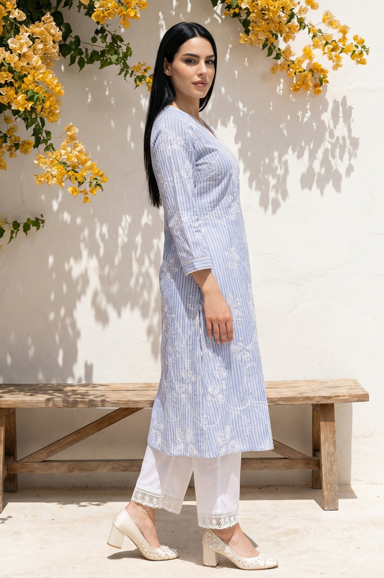 Blue Thread Embroidered Pure Cotton Straight Kurta