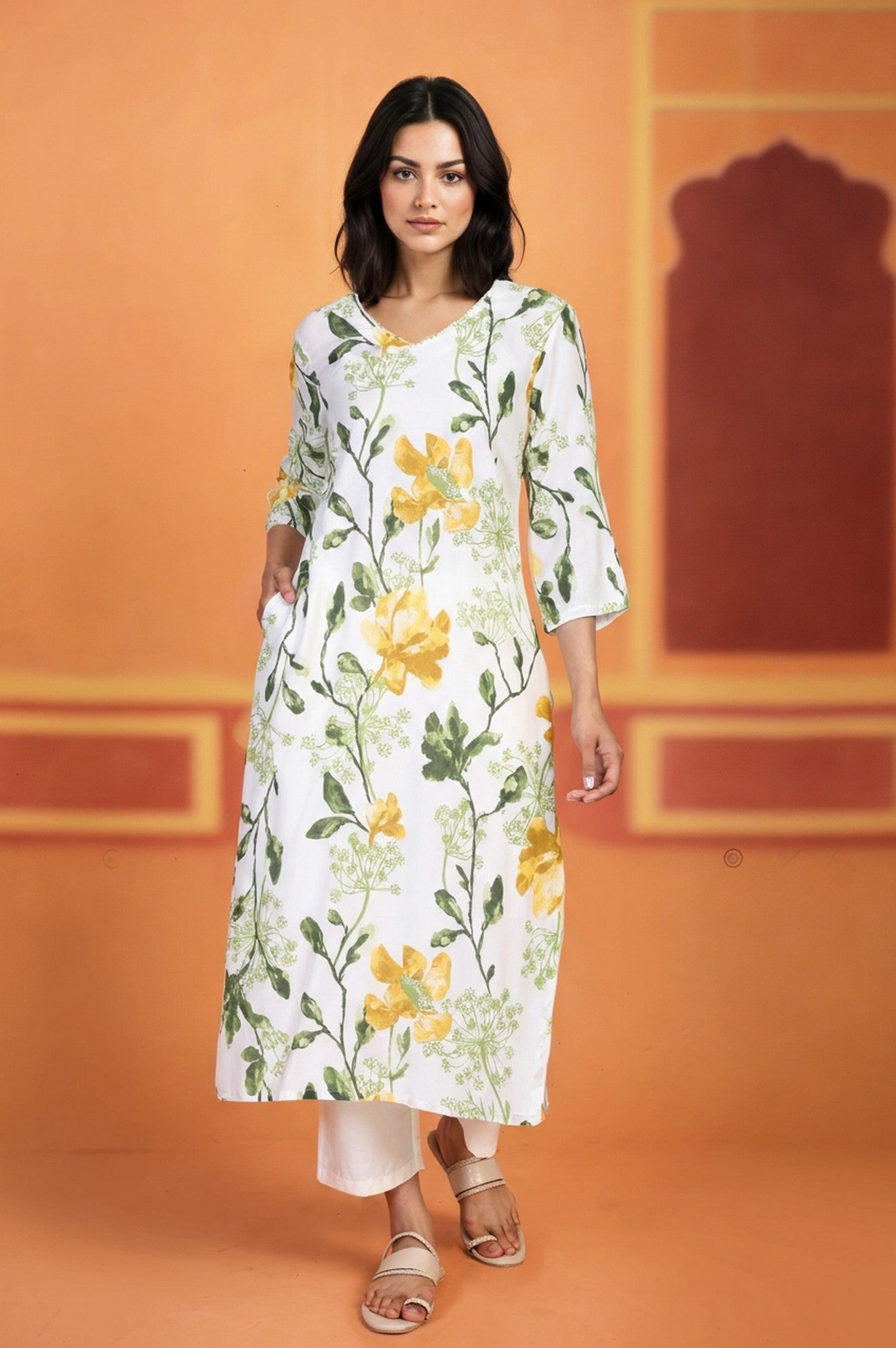 White Floral Printed Thread Work Straight Rayon Kurta