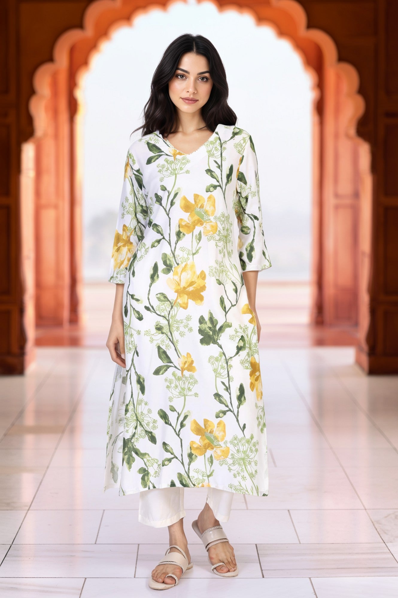 White Floral Printed Thread Work Straight Rayon Kurta
