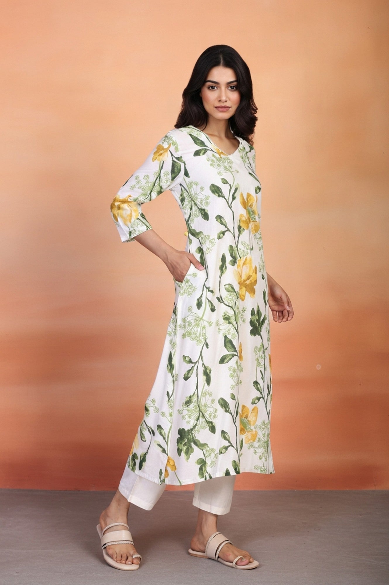White Floral Printed Thread Work Straight Rayon Kurta