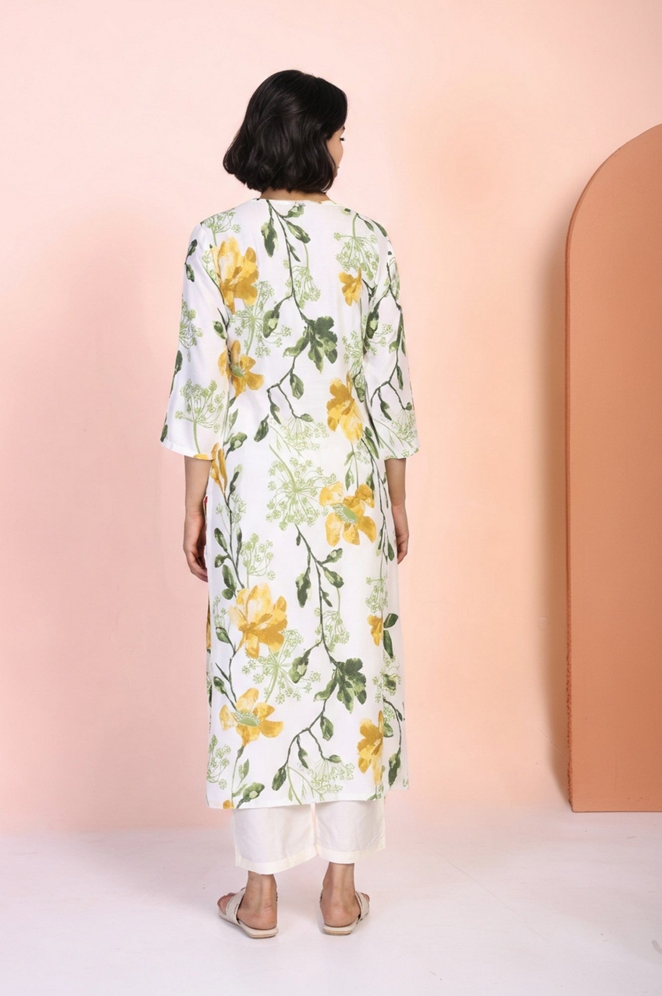 White Floral Printed Thread Work Straight Rayon Kurta