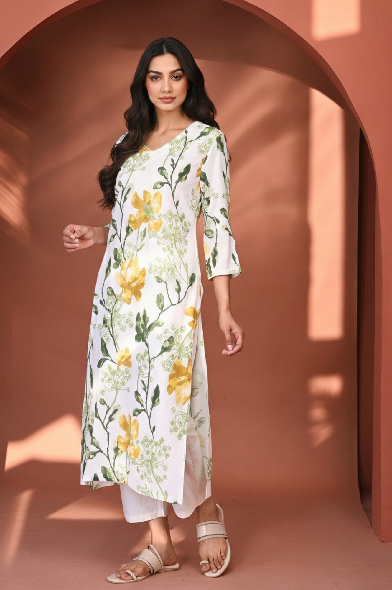 White Floral Printed Thread Work Straight Rayon Kurta