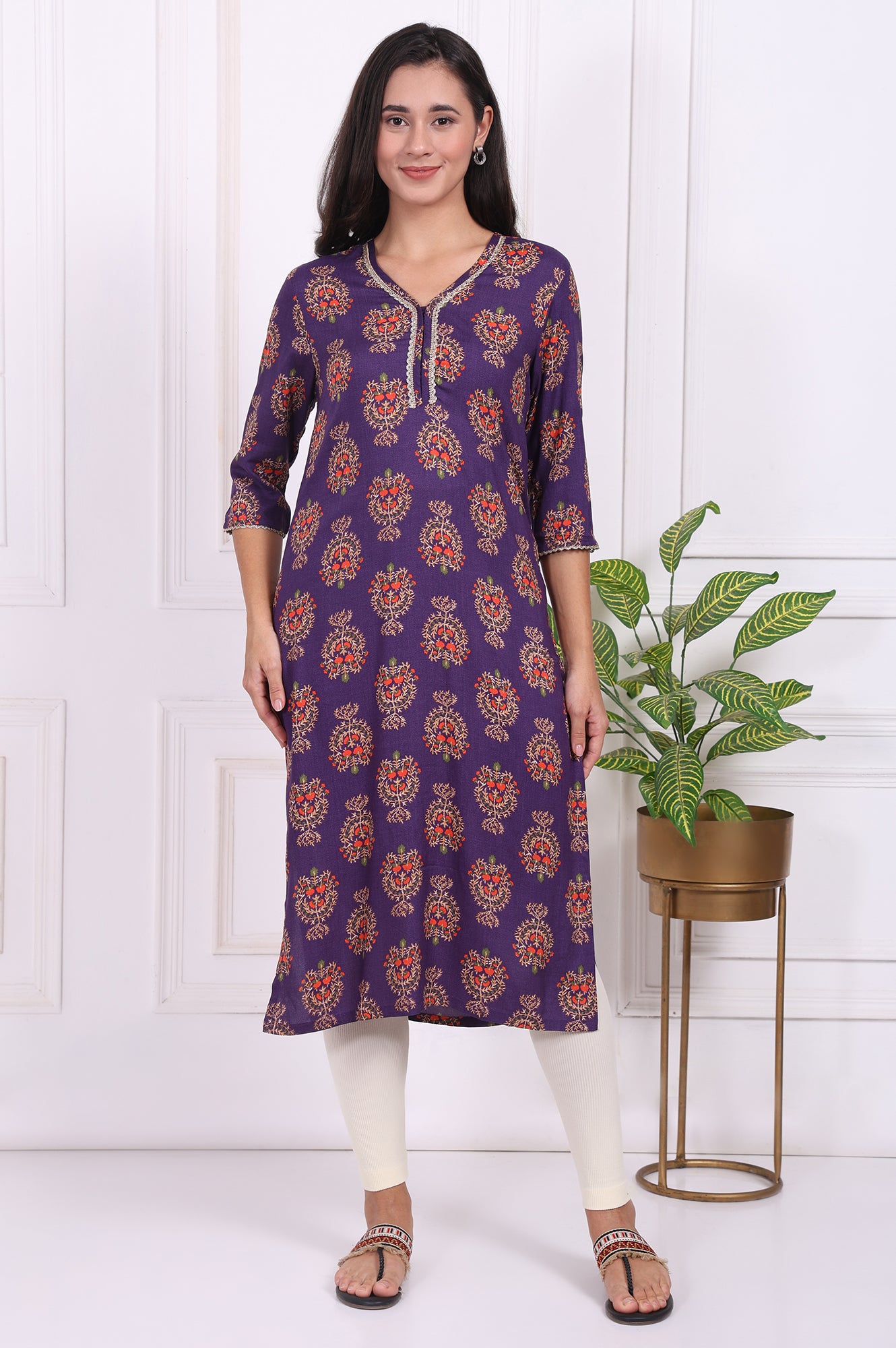 Purple Floral Printed Lace Rayon Straight Kurta