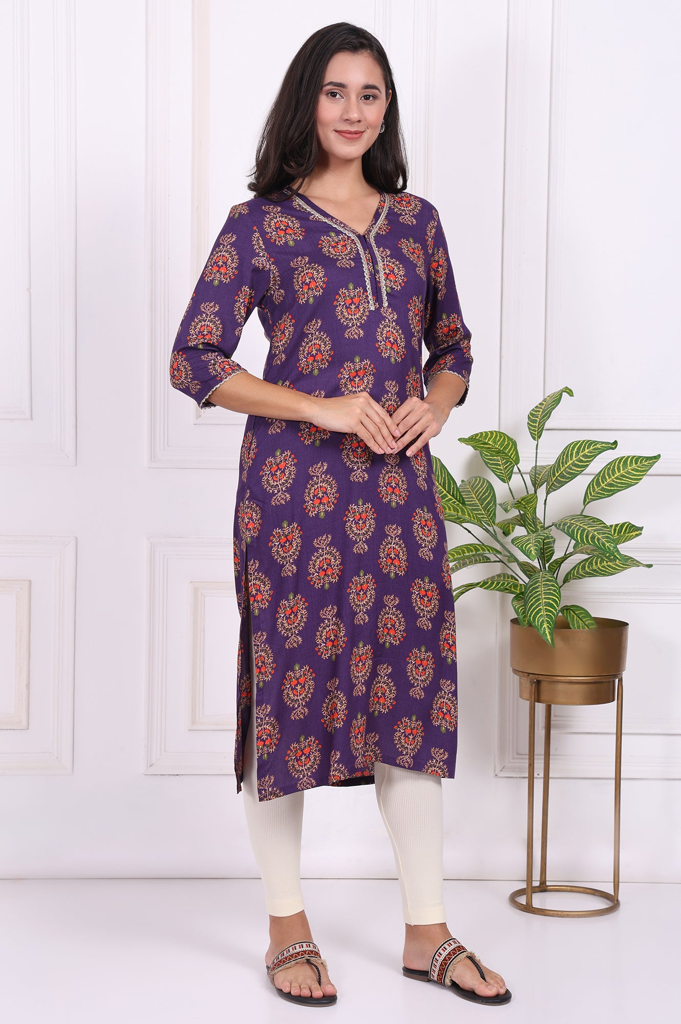 Purple Floral Printed Lace Rayon Straight Kurta