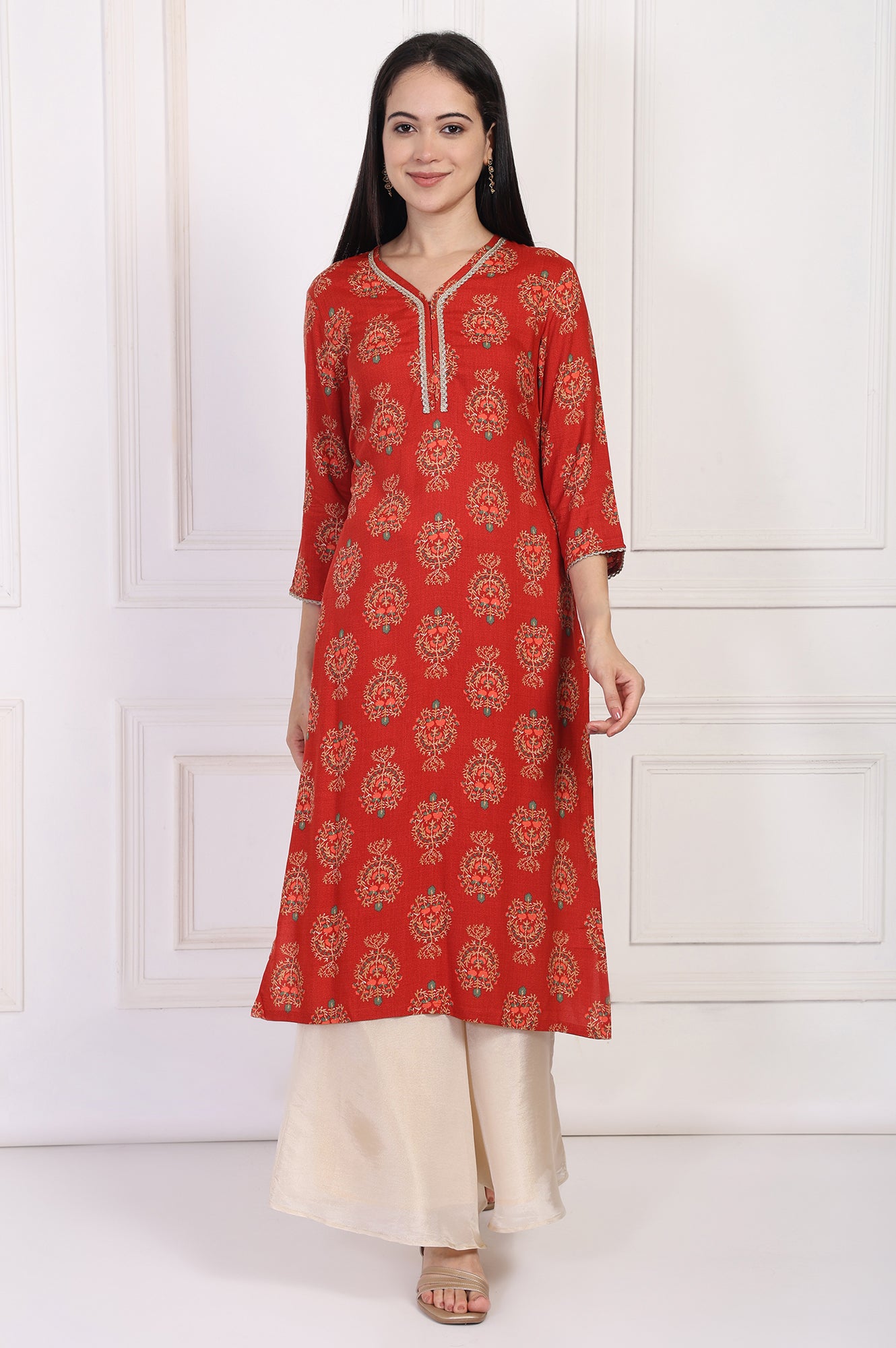 Red Floral Ethnic Printed Lace Trim Straight Rayon Kurta