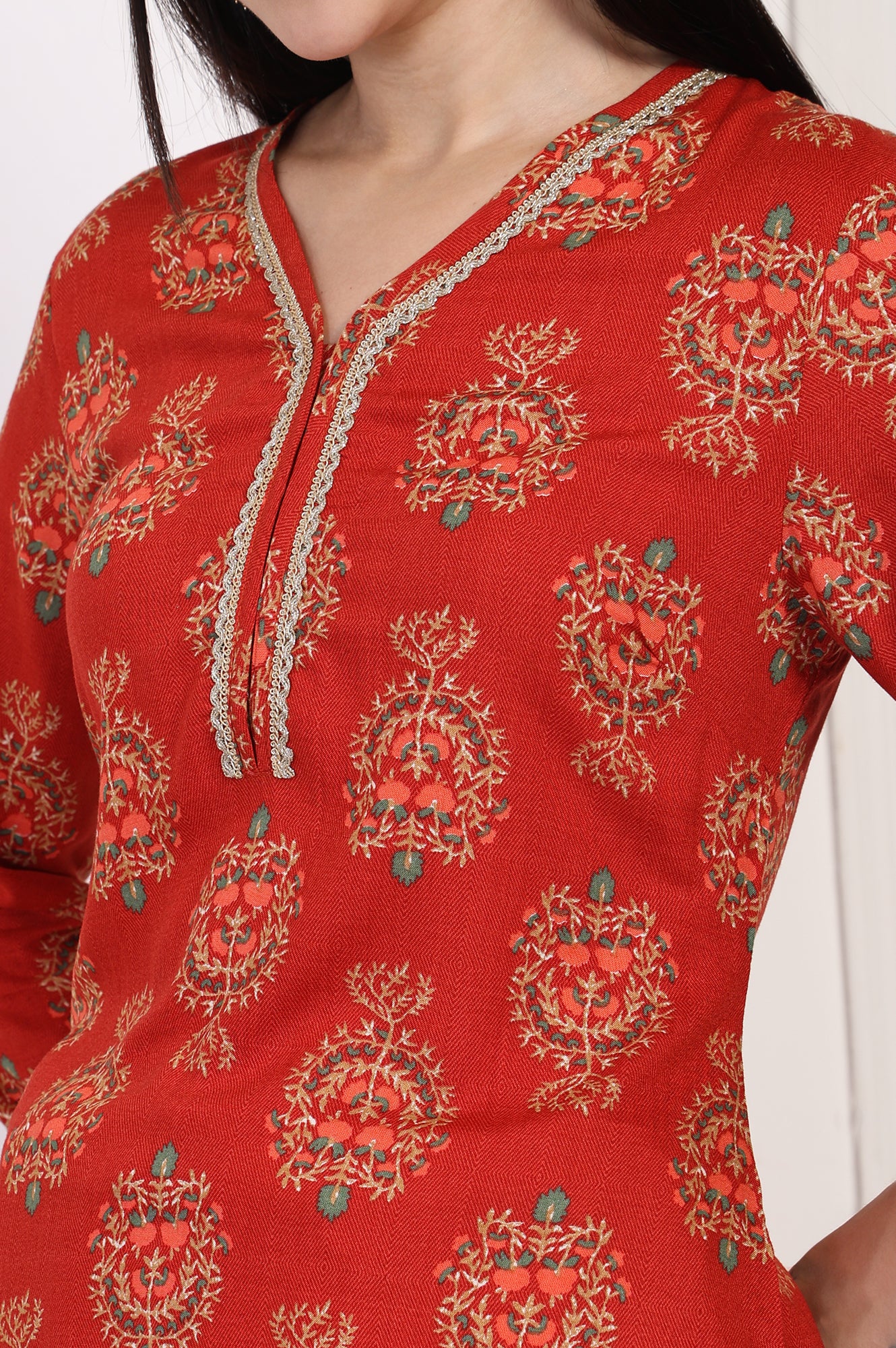 Red Floral Ethnic Printed Lace Trim Straight Rayon Kurta