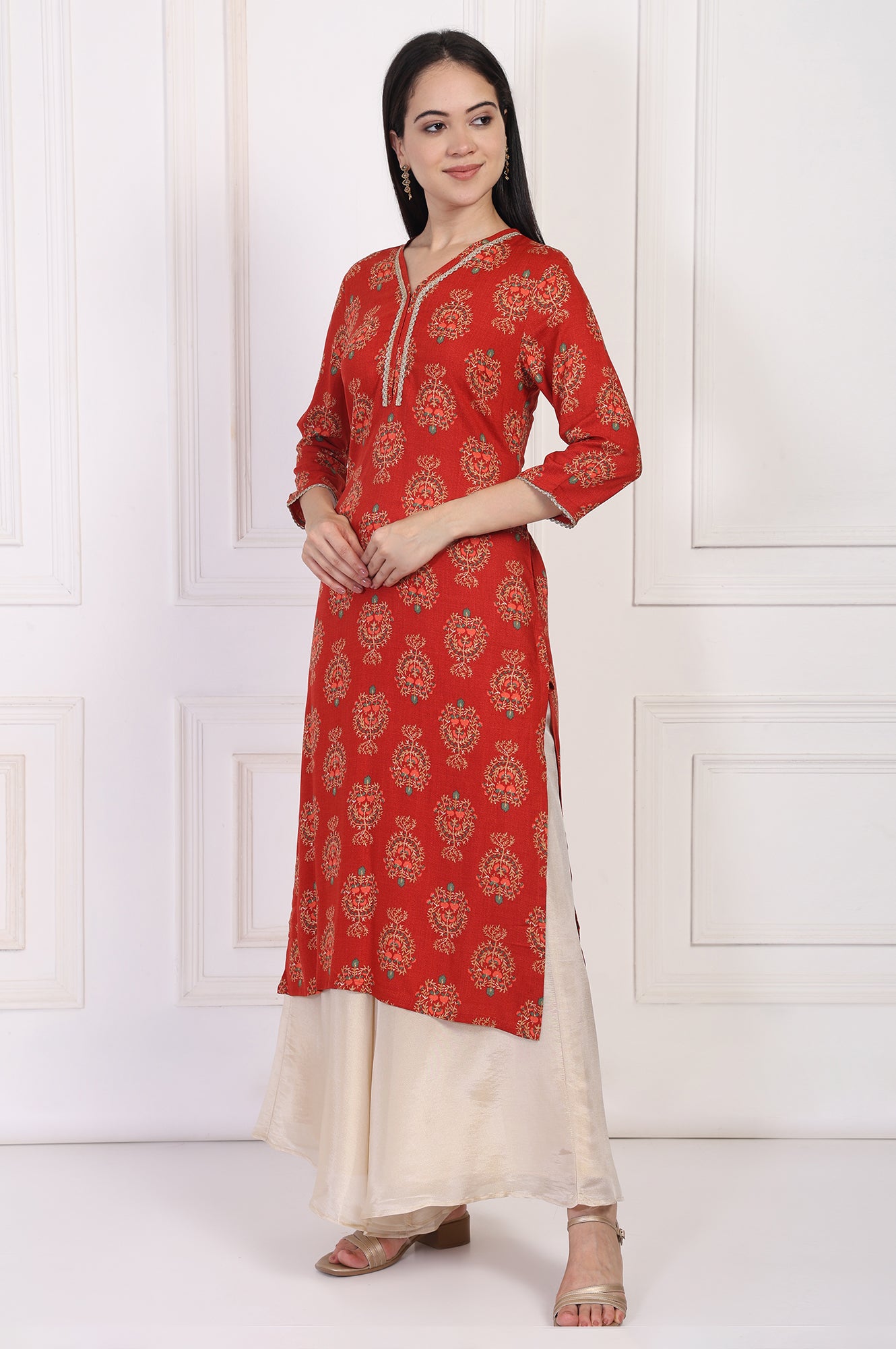 Red Floral Ethnic Printed Lace Trim Straight Rayon Kurta