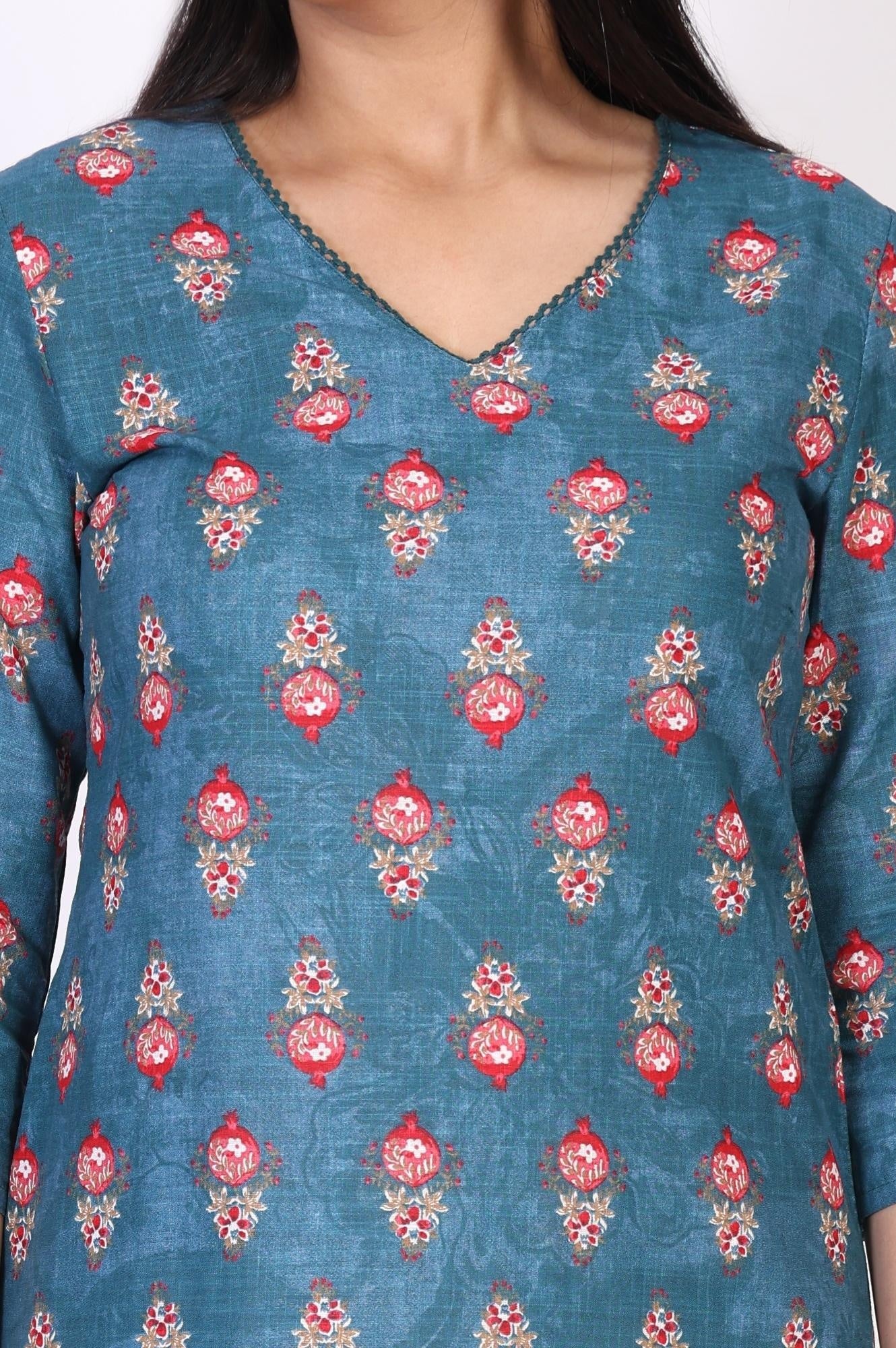 Blue Floral Printed Straight Cotton Kurta