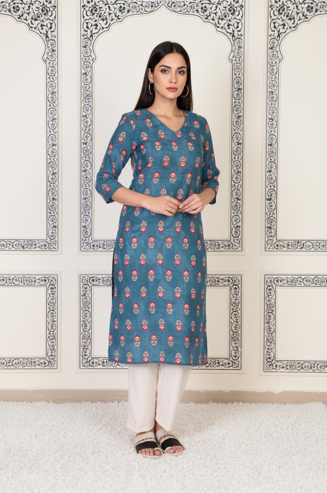 Blue Floral Printed Straight Cotton Kurta