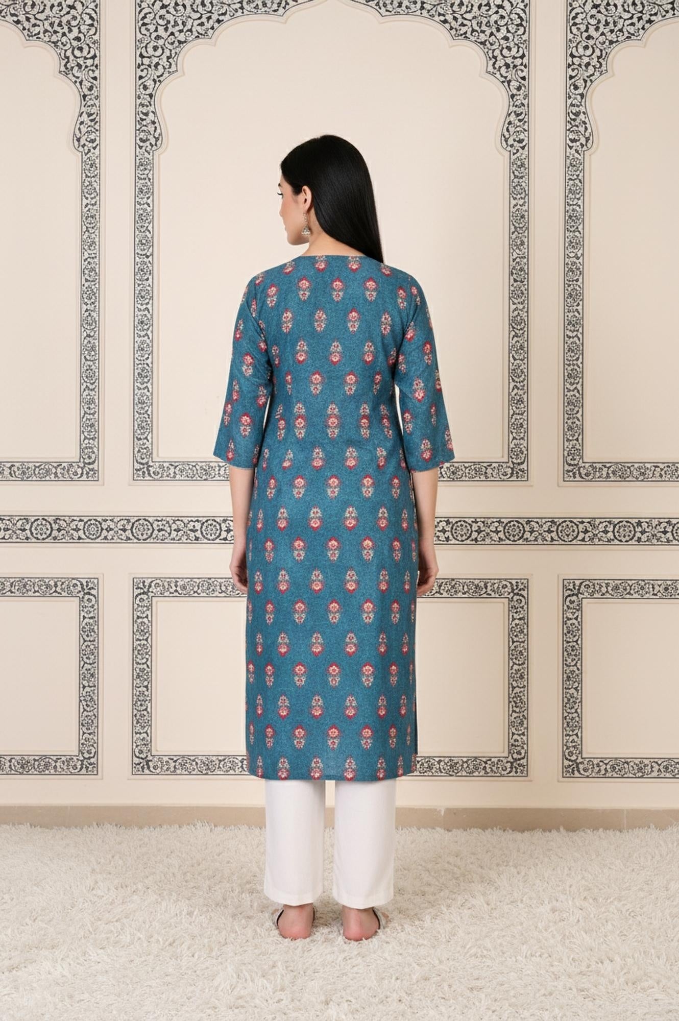 Blue Floral Printed Straight Cotton Kurta