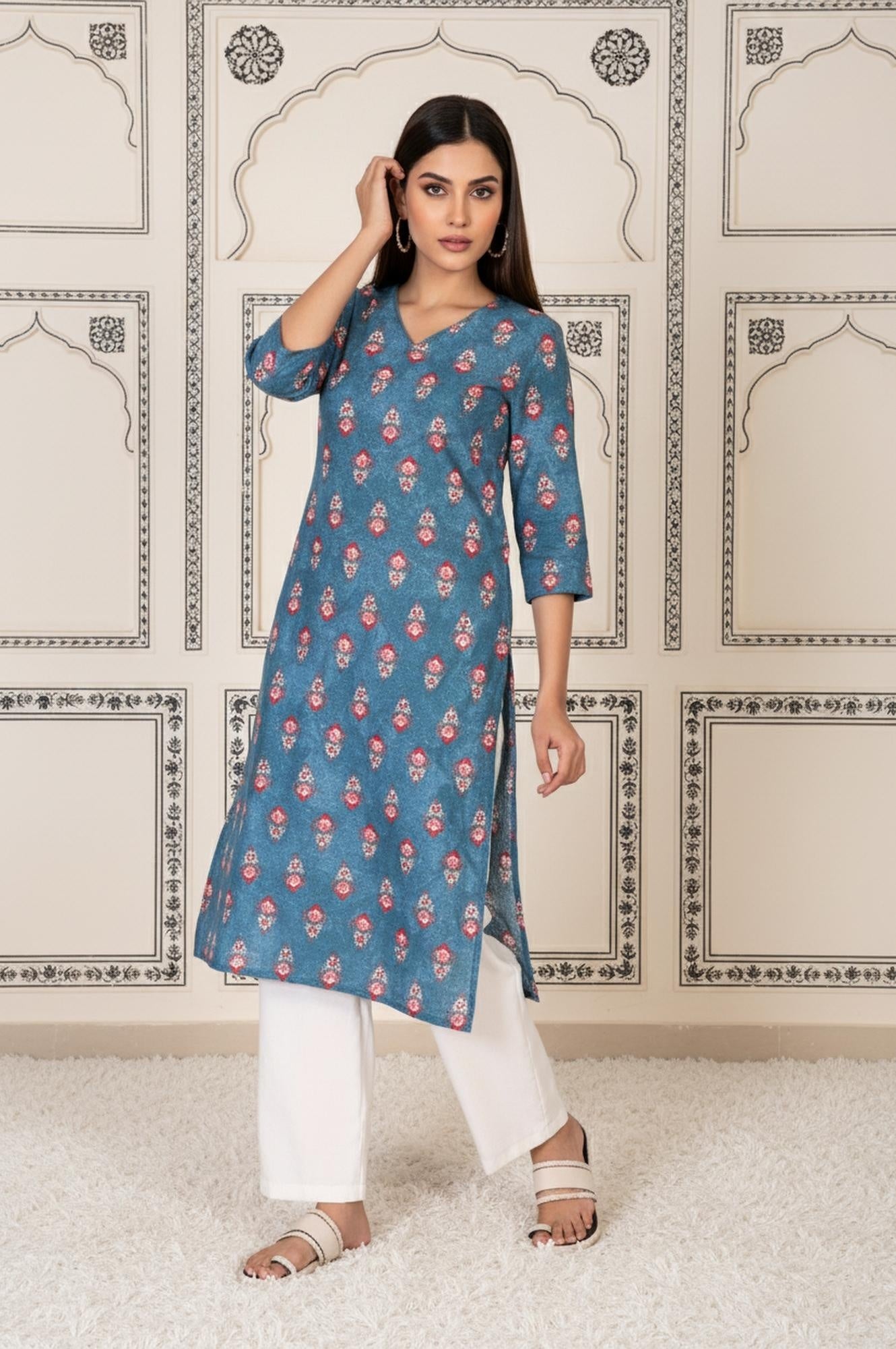 Blue Floral Printed Straight Cotton Kurta