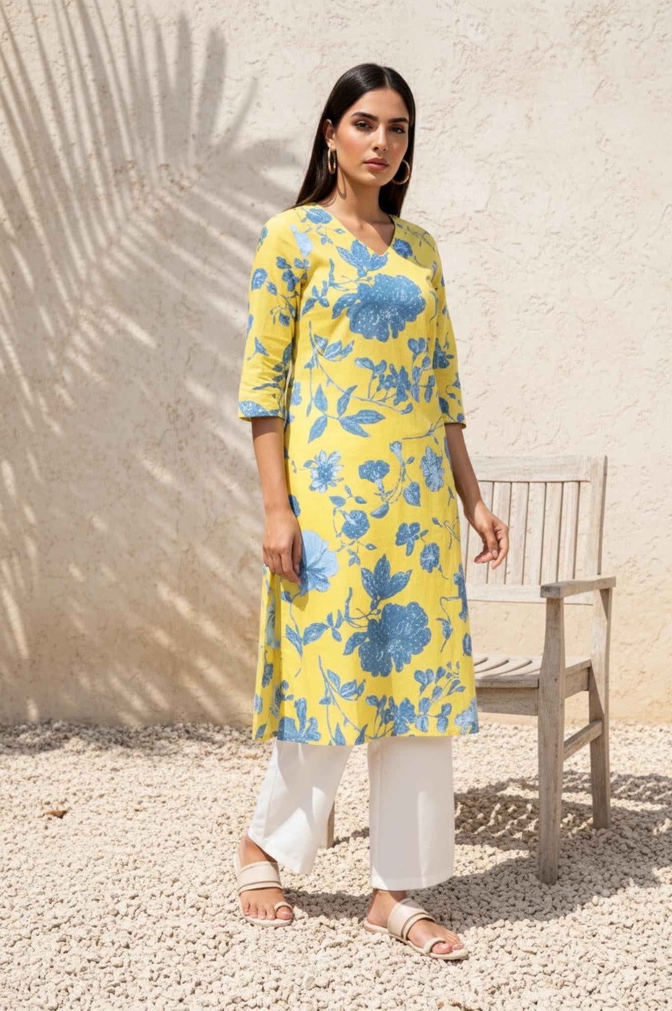 Yellow Floral Printed Straight Cotton Kurta