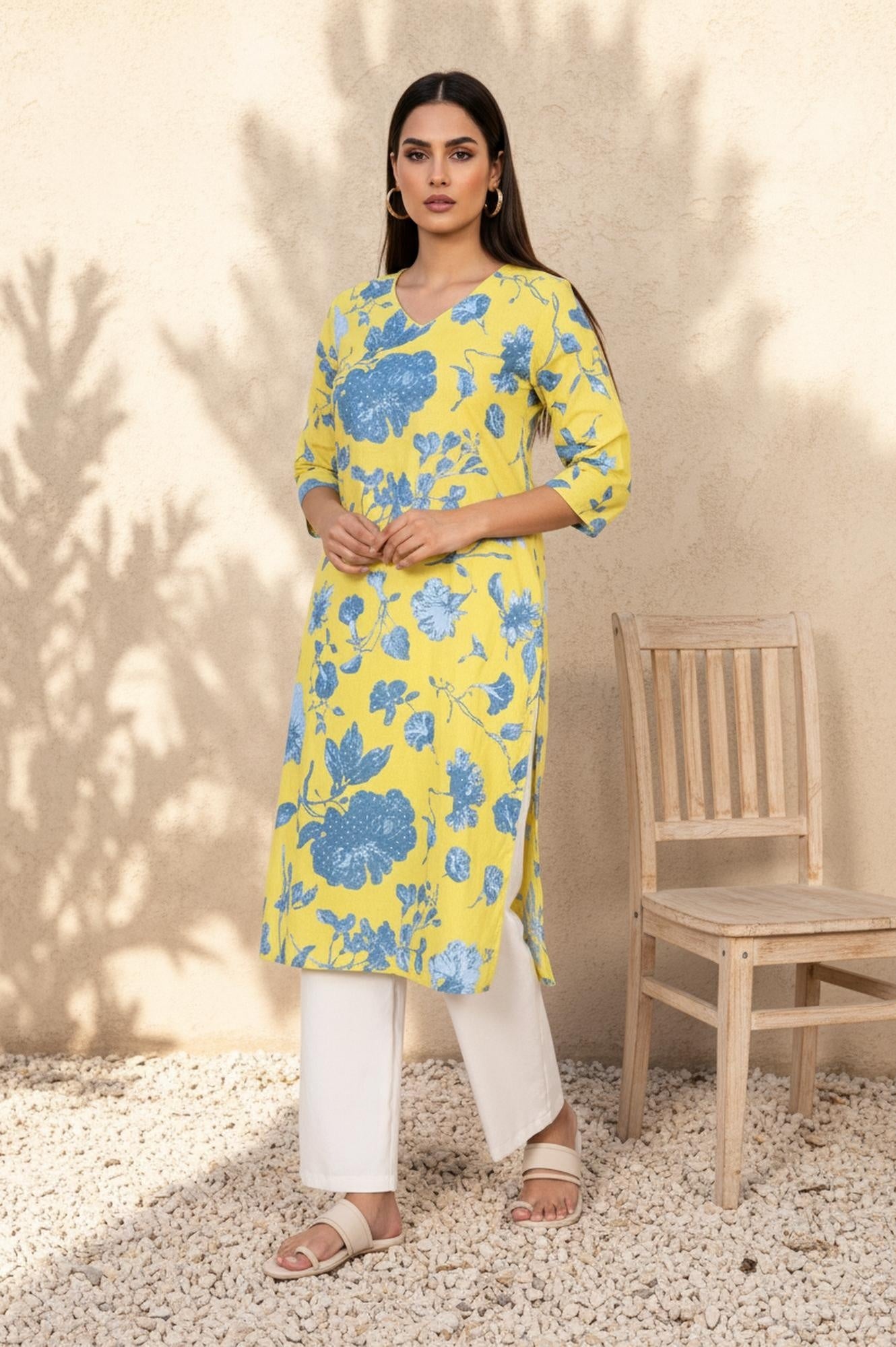 Yellow Floral Printed Straight Cotton Kurta