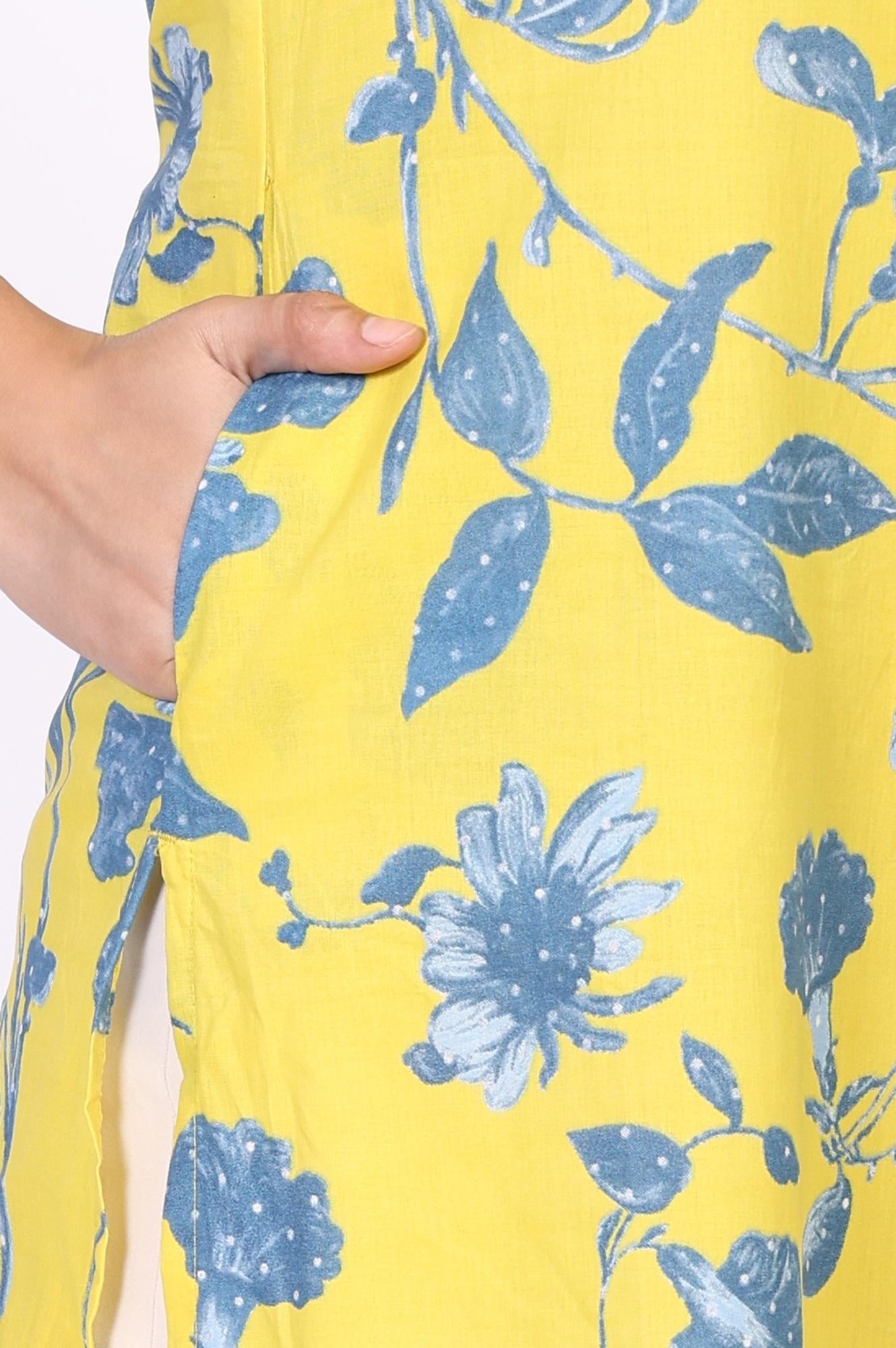 Yellow Floral Printed Straight Cotton Kurta