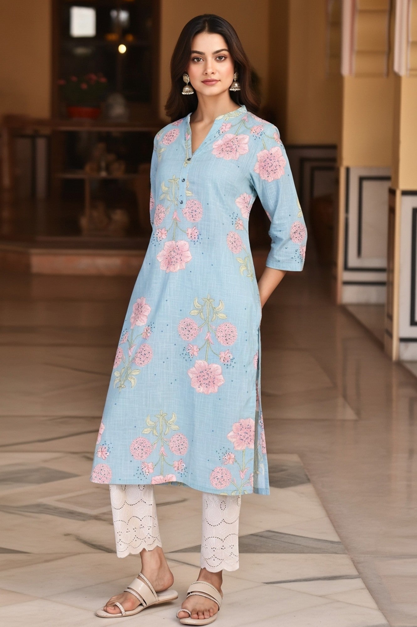 Blue Floral Printed Thread Work Straight Rayon Kurta