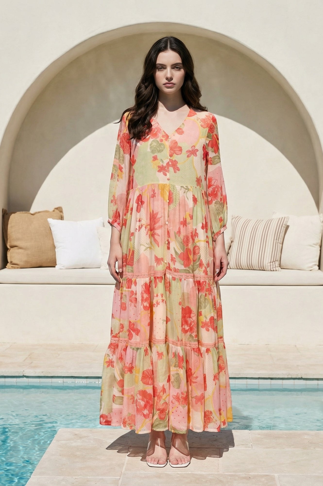 Pink Floral Printed Tiered Dress