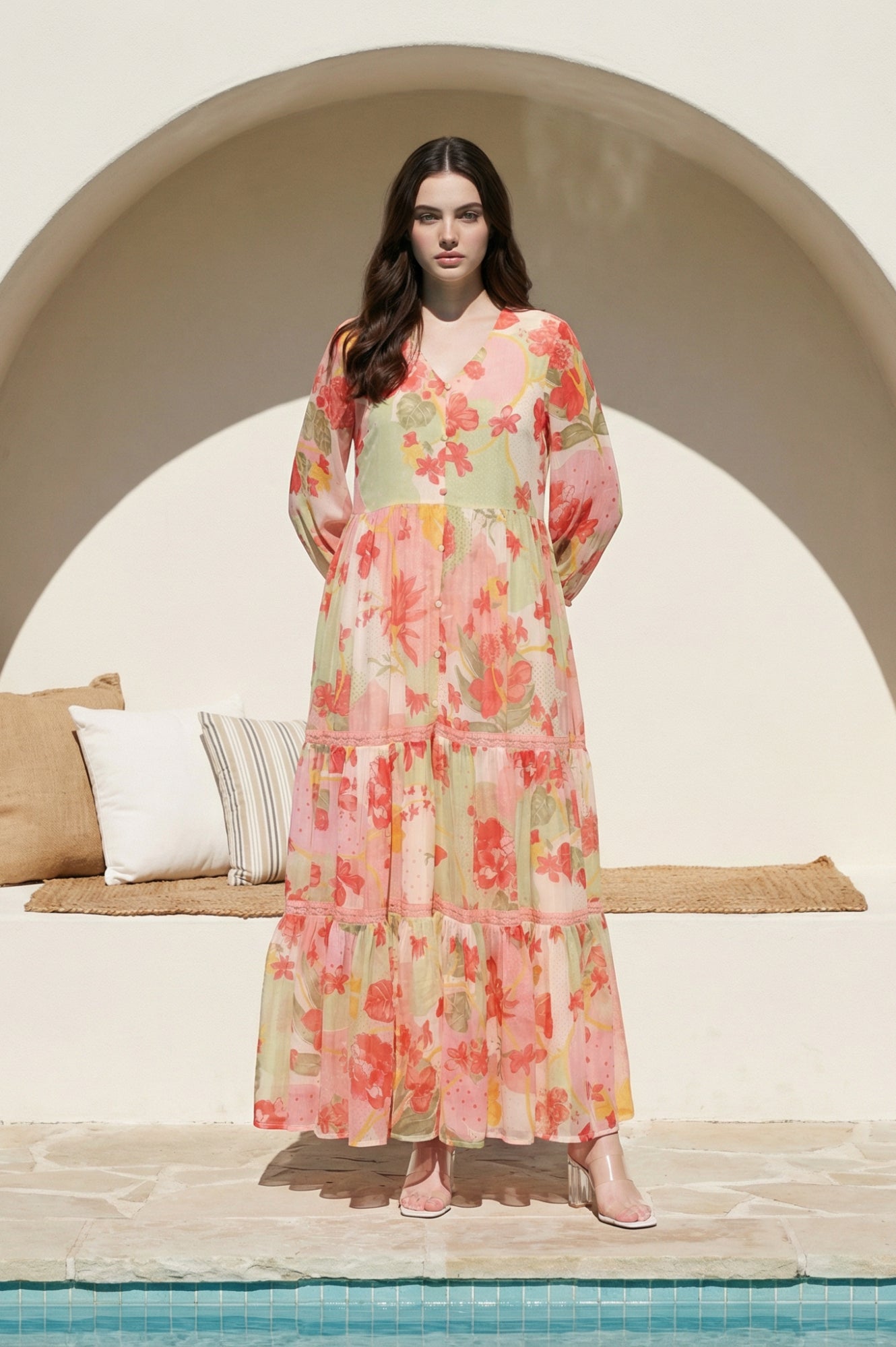 Pink Floral Printed Tiered Dress