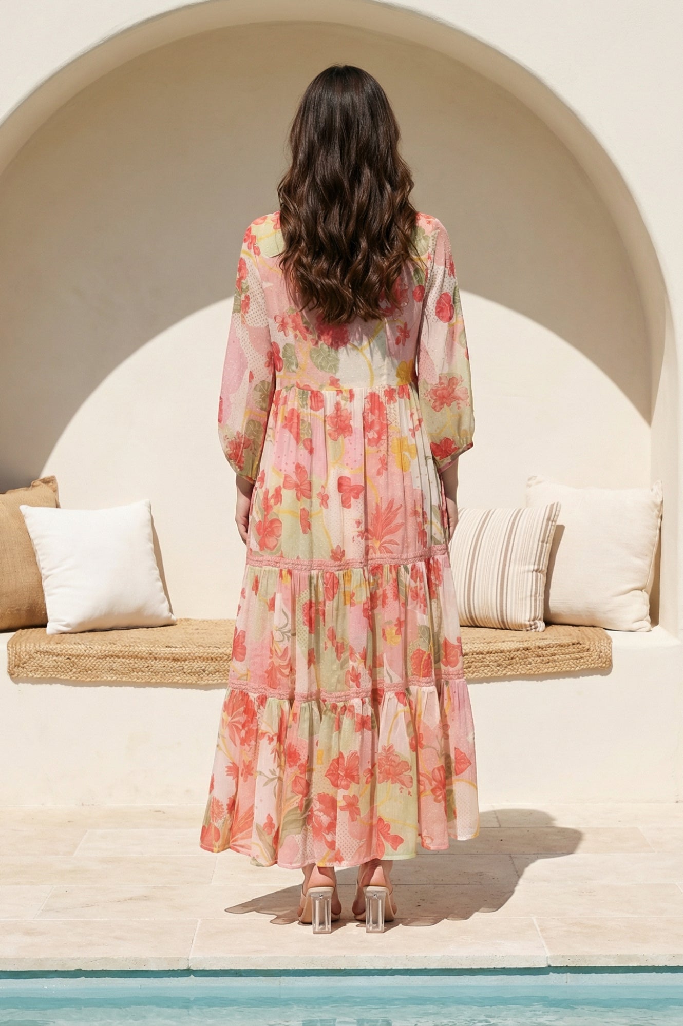 Pink Floral Printed Tiered Dress