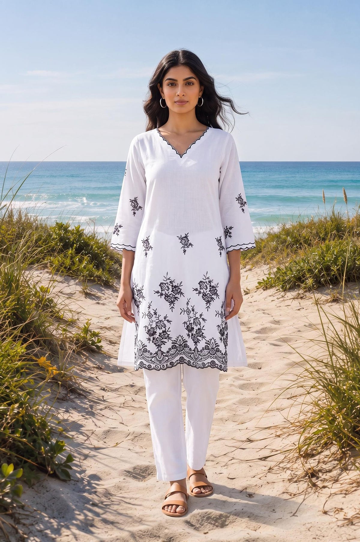 White Embroidered Cotton Rayon Straight Kurta
