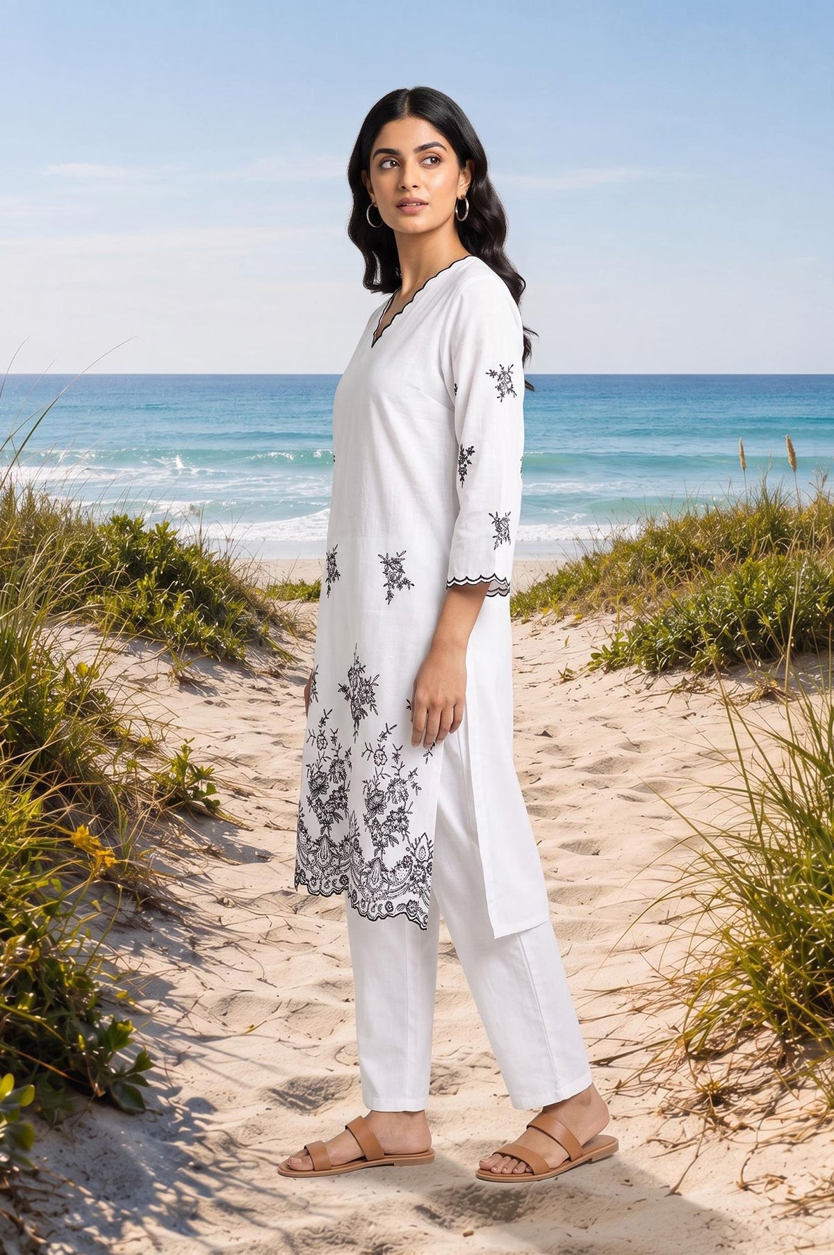 White Embroidered Cotton Rayon Straight Kurta