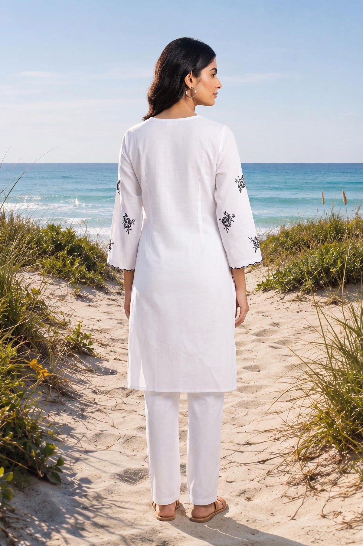 White Embroidered Cotton Rayon Straight Kurta