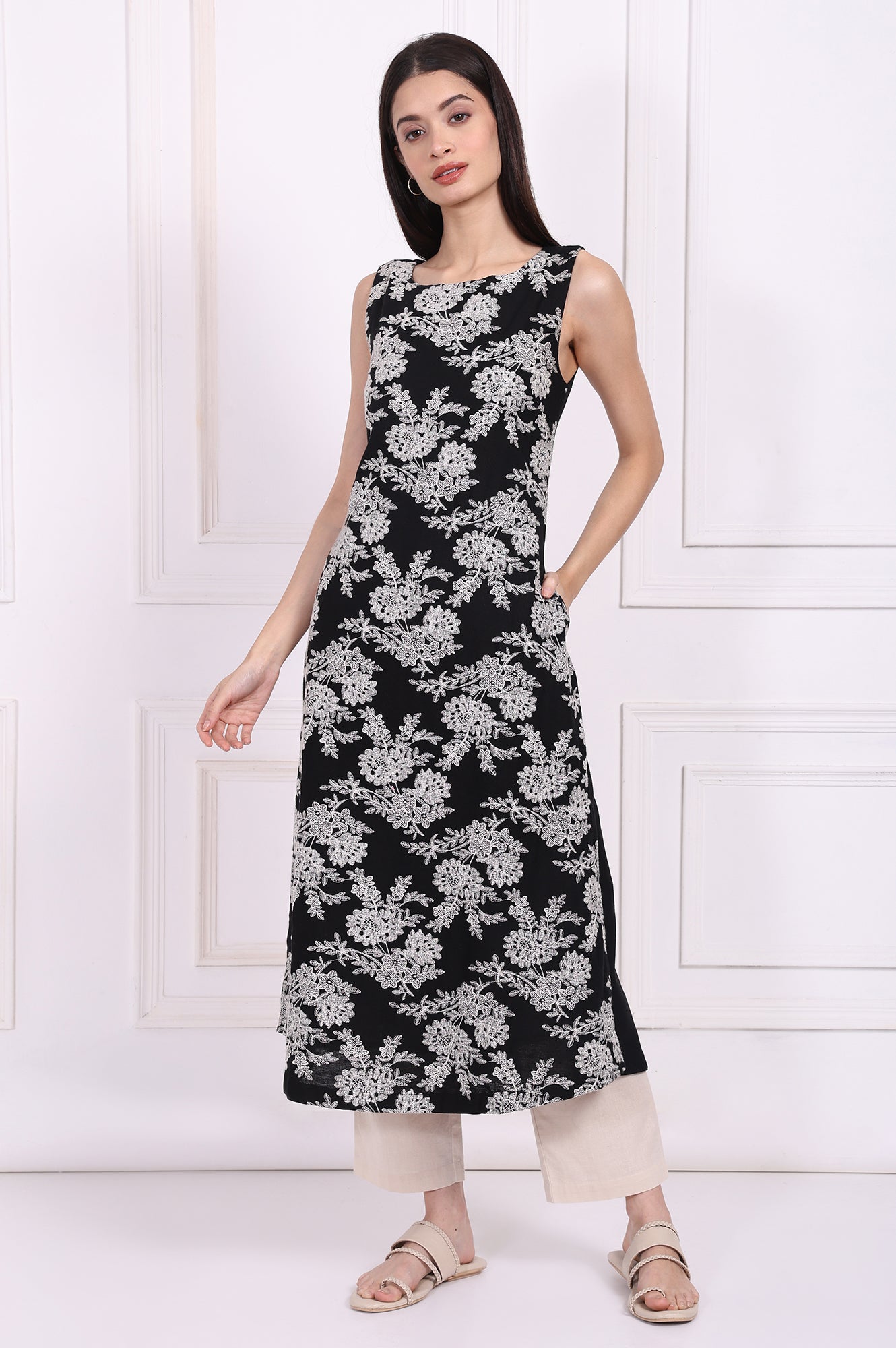 Black Embroidered A-Line Rayon Dress