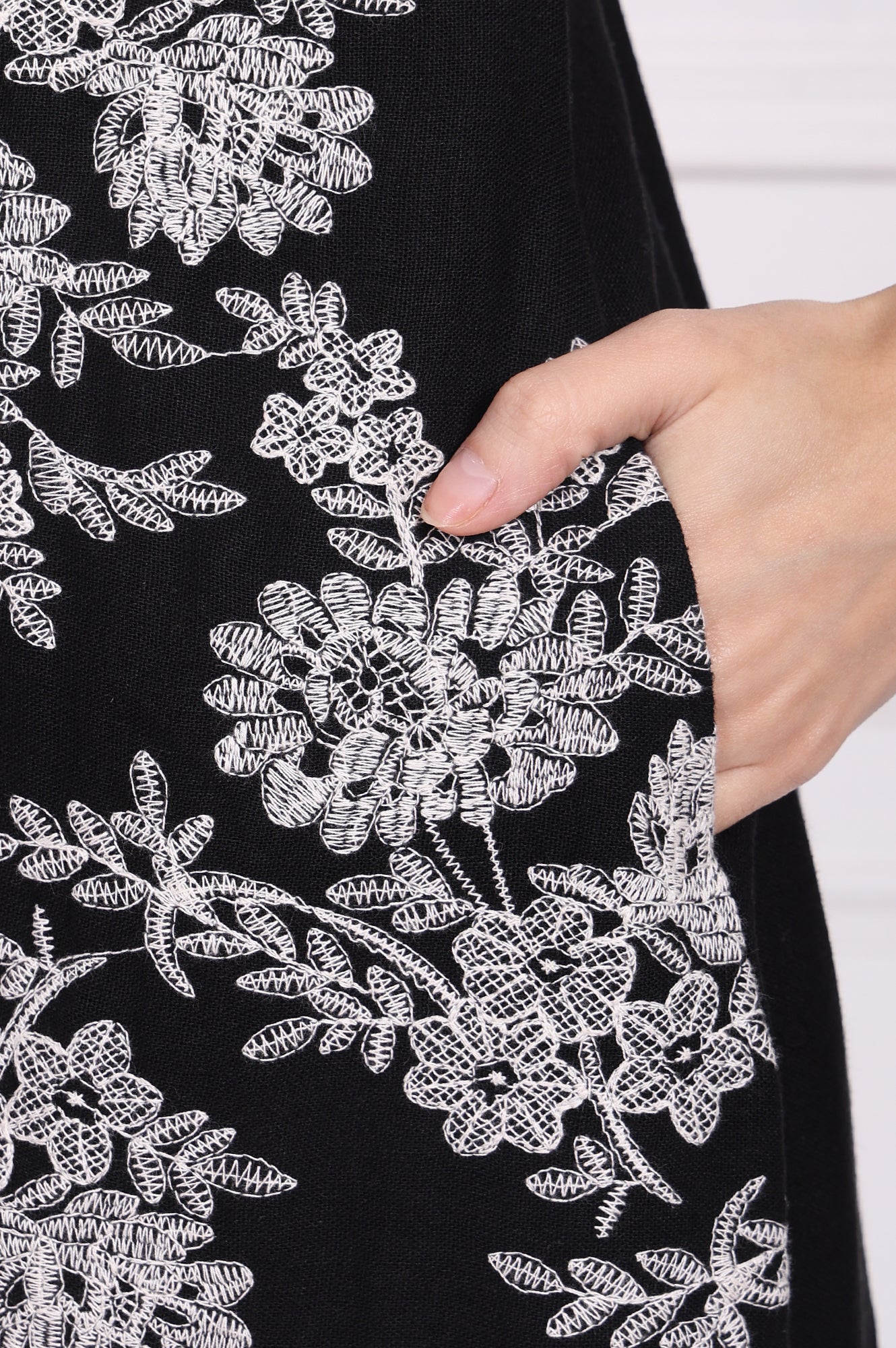 Black Embroidered A-Line Rayon Dress