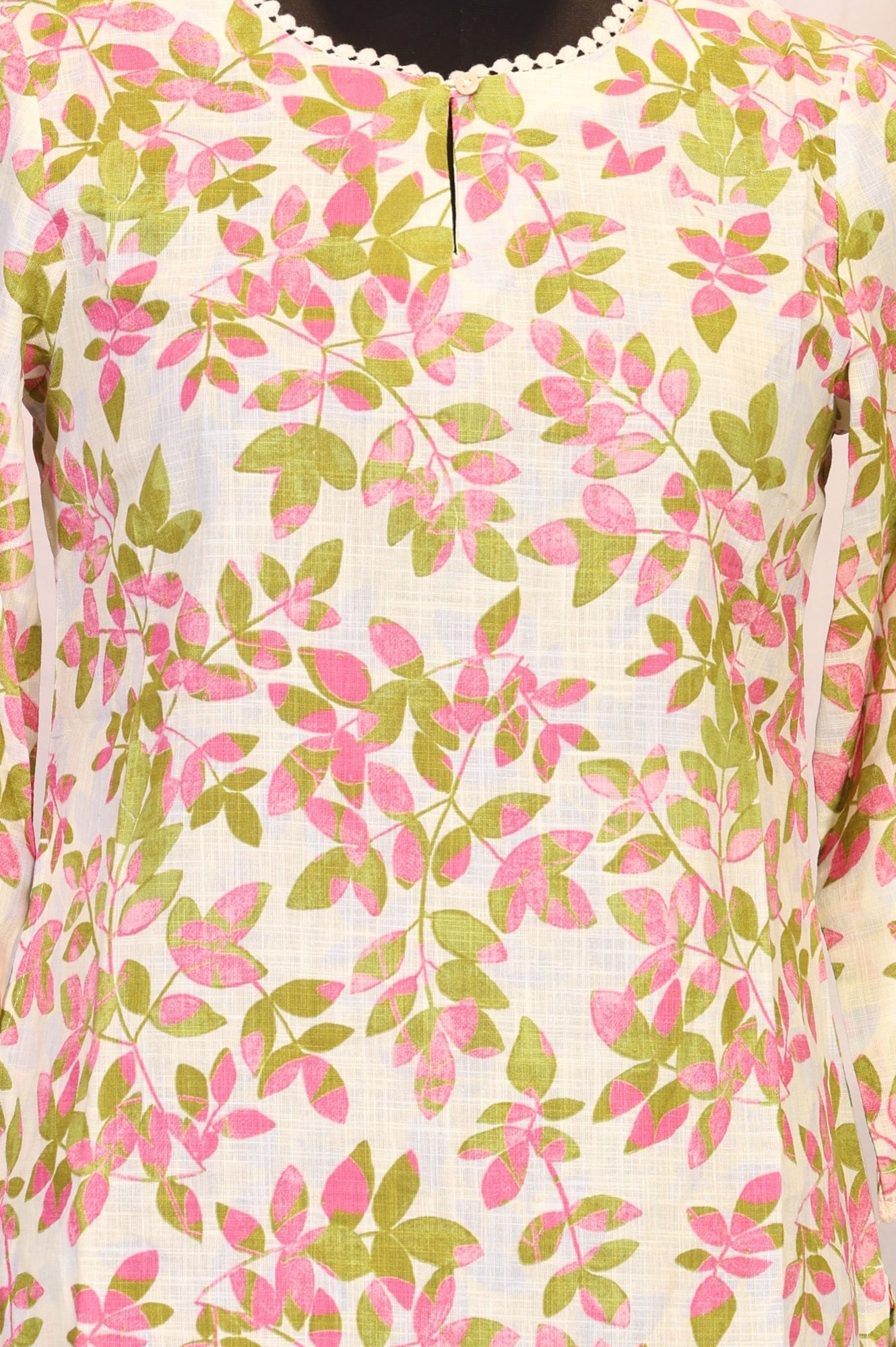 Off-White Floral Printed Pure Cotton Straight Kurta with Lace