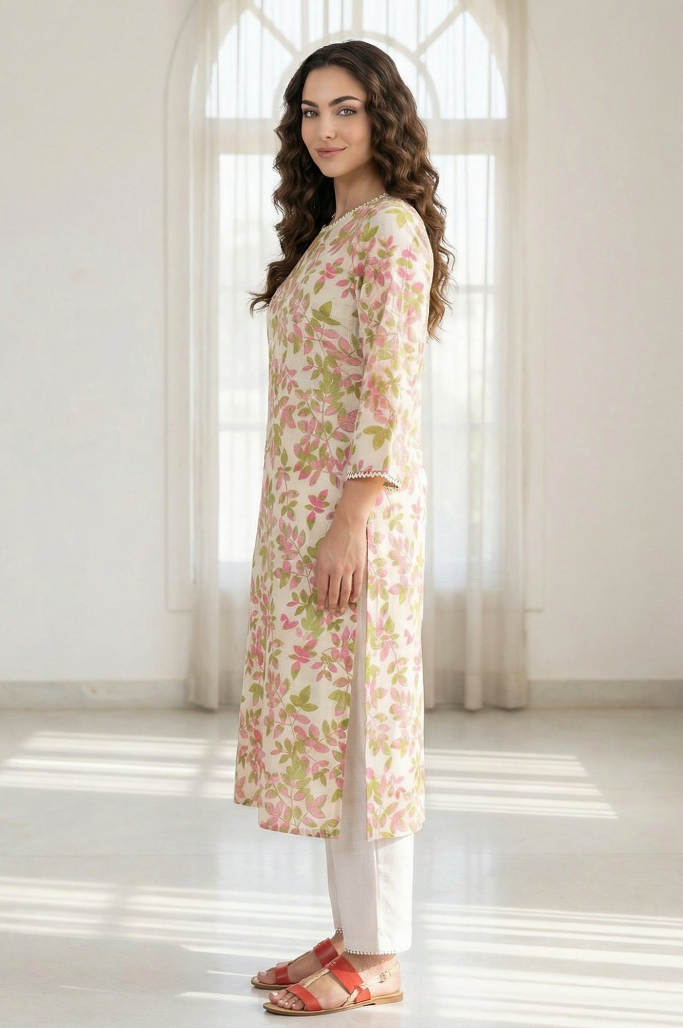Off-White Floral Printed Pure Cotton Straight Kurta with Lace