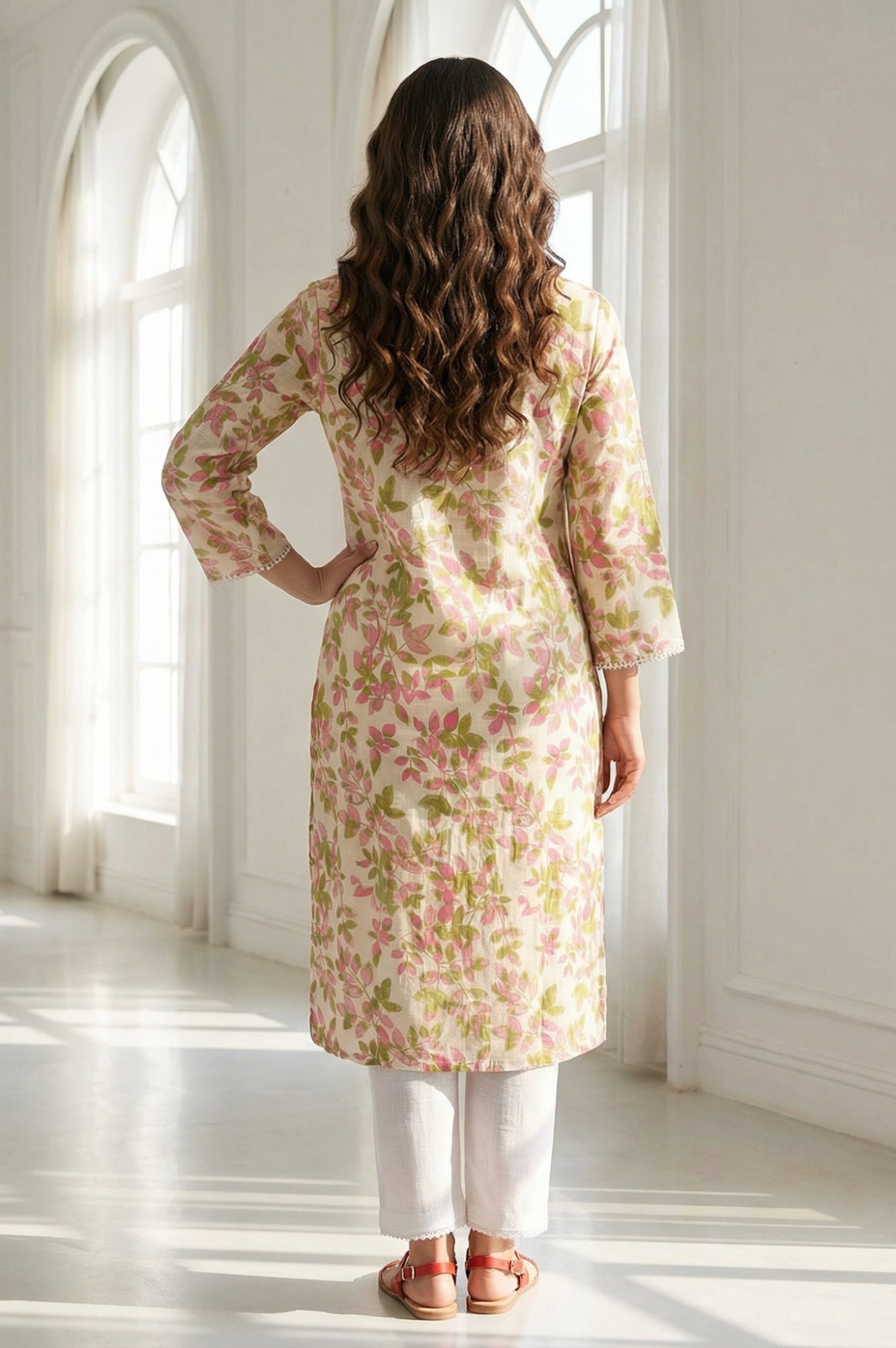 Off-White Floral Printed Pure Cotton Straight Kurta with Lace