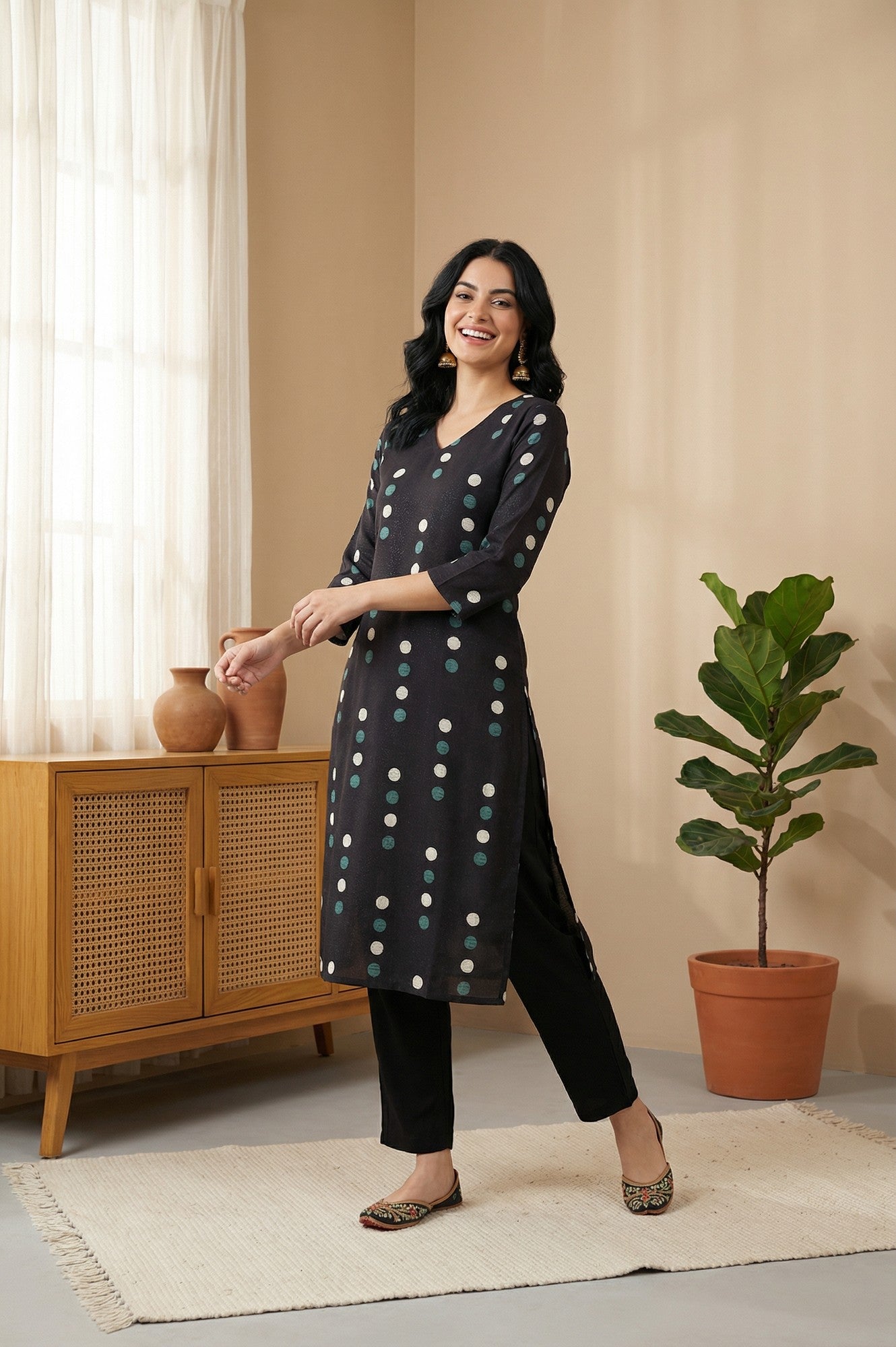 Black Polka Dots Straight Kurta