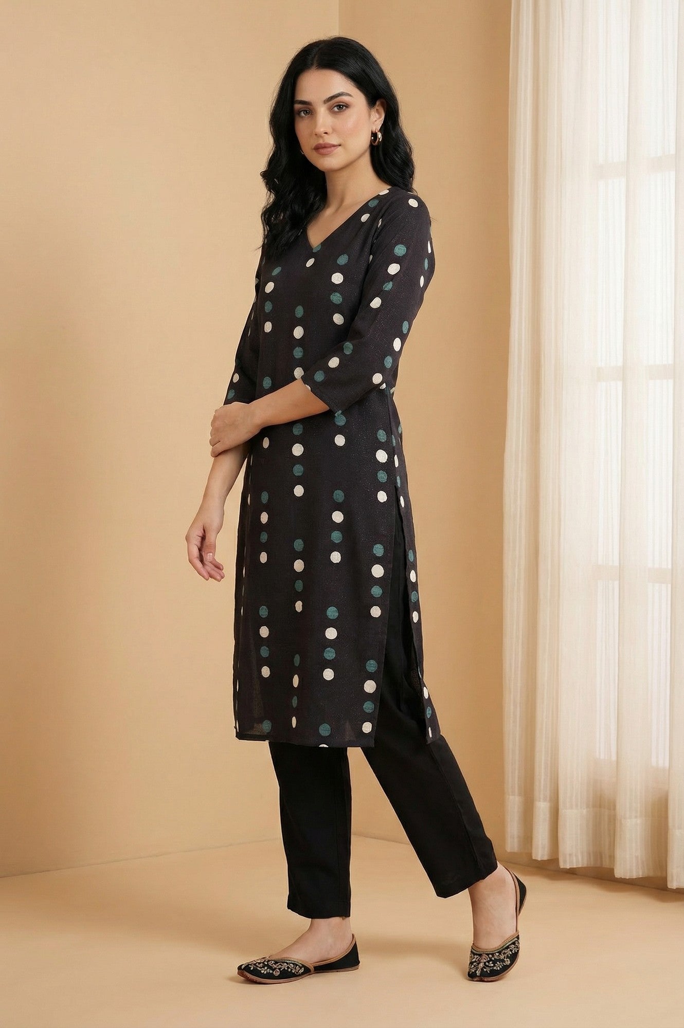 Black Polka Dots Straight Kurta