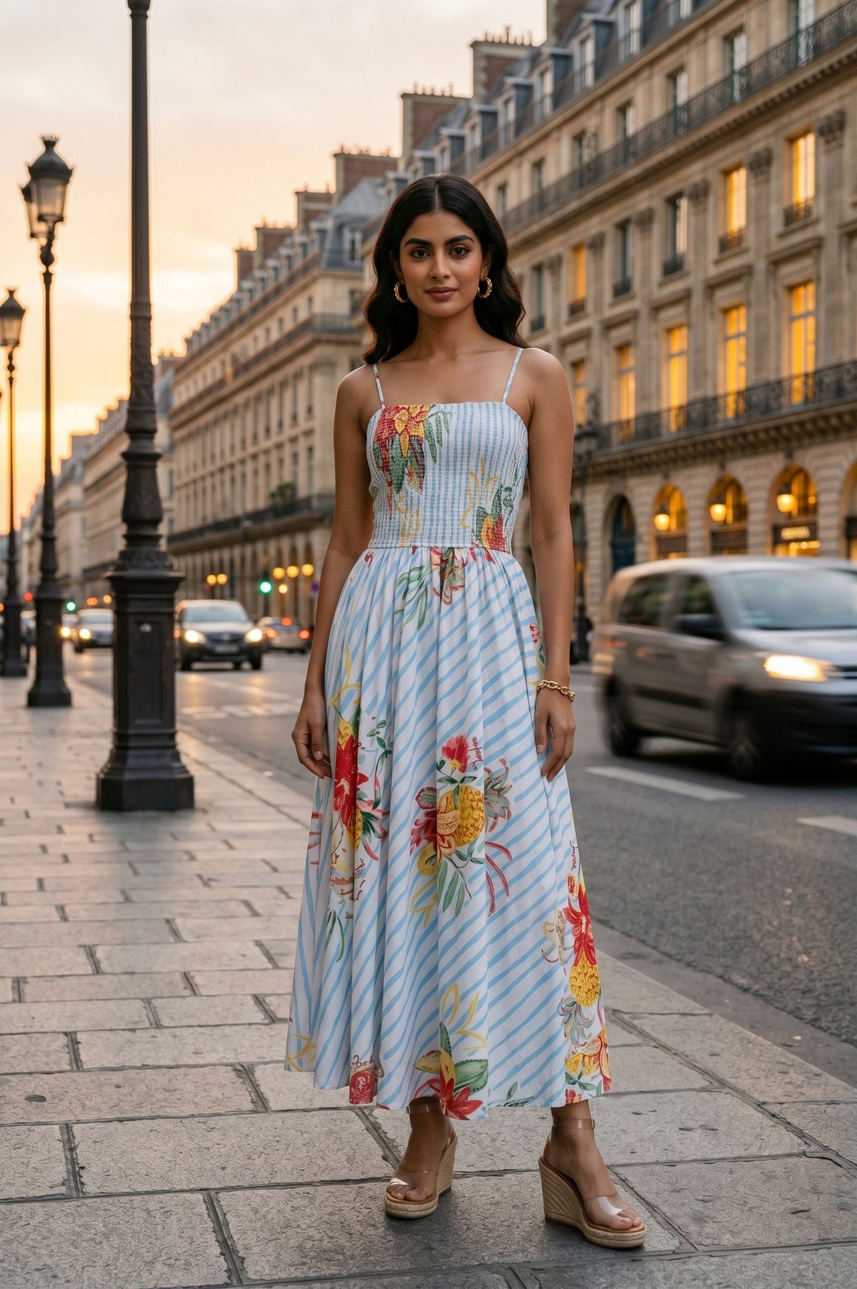White Floral Printed Pure Cotton Sleeveless Flared Dress