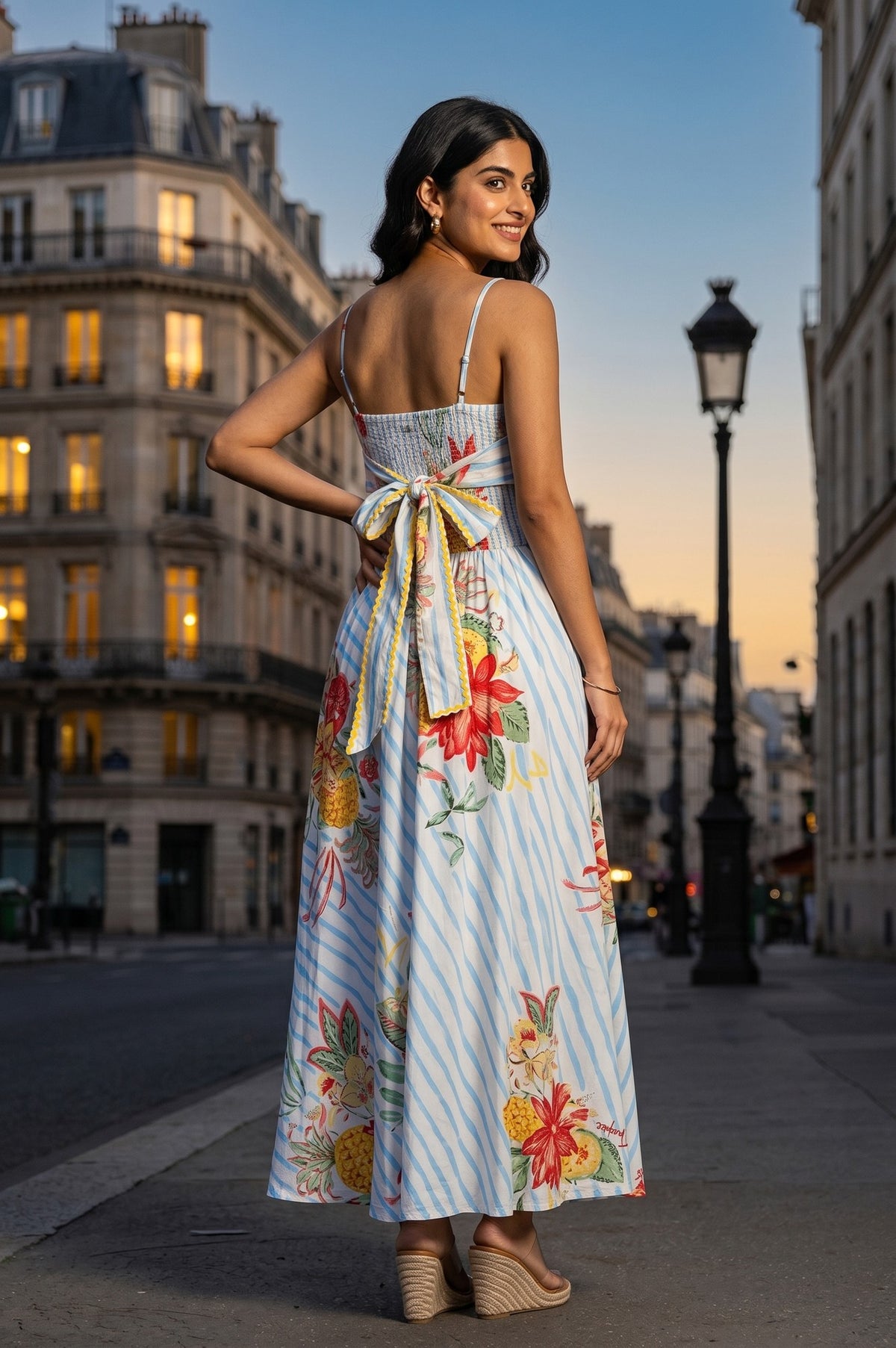 White Floral Printed Pure Cotton Sleeveless Flared Dress