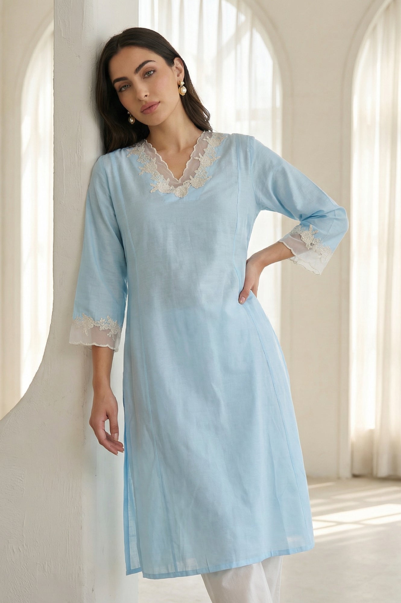Light Blue Embroidered A-line Kurta