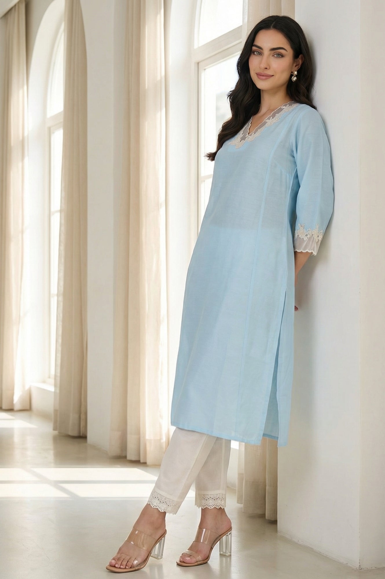 Light Blue Embroidered A-line Kurta