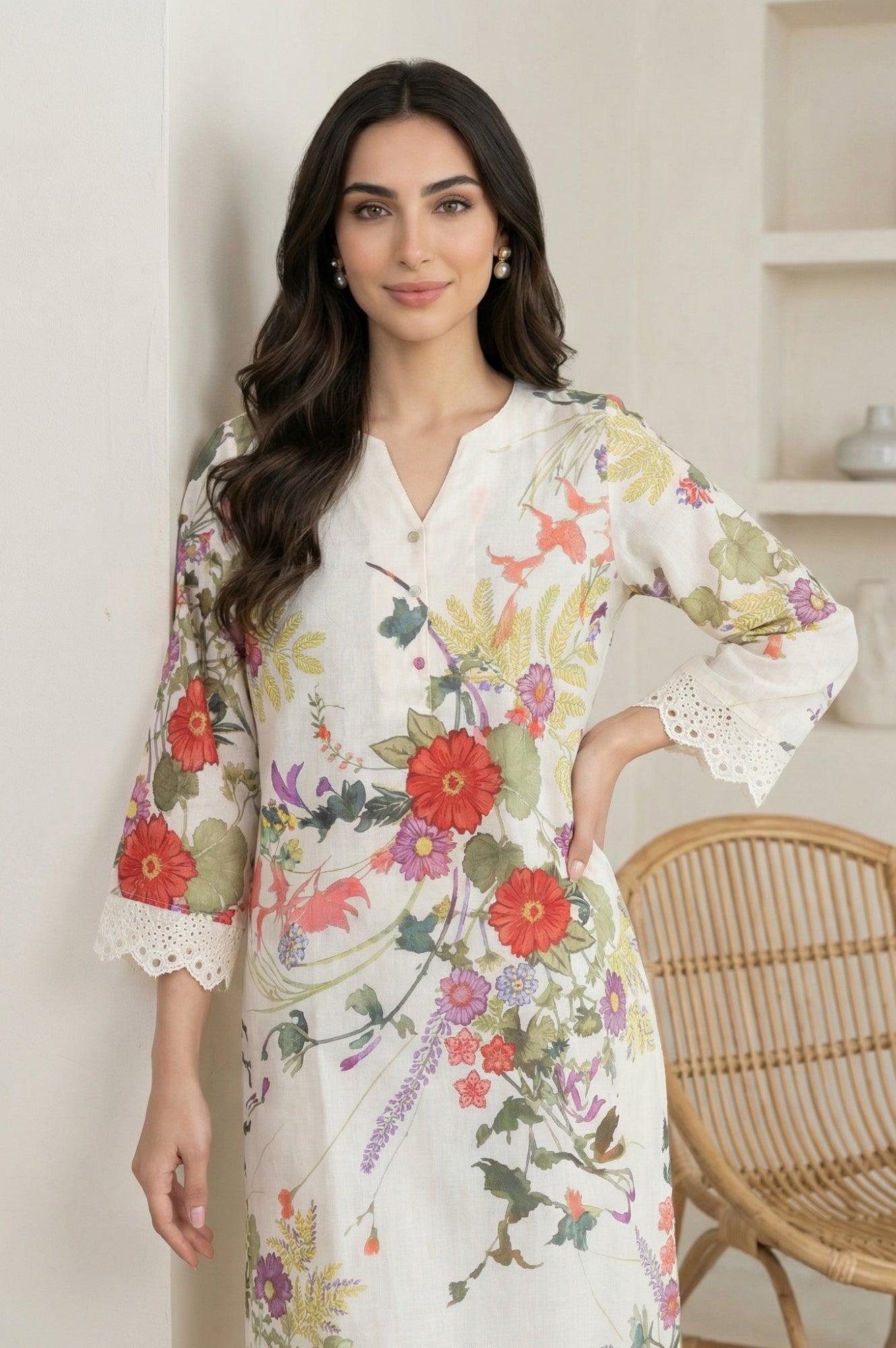 Off White Floral Printed Lace Pure Cotton Straight Kurta