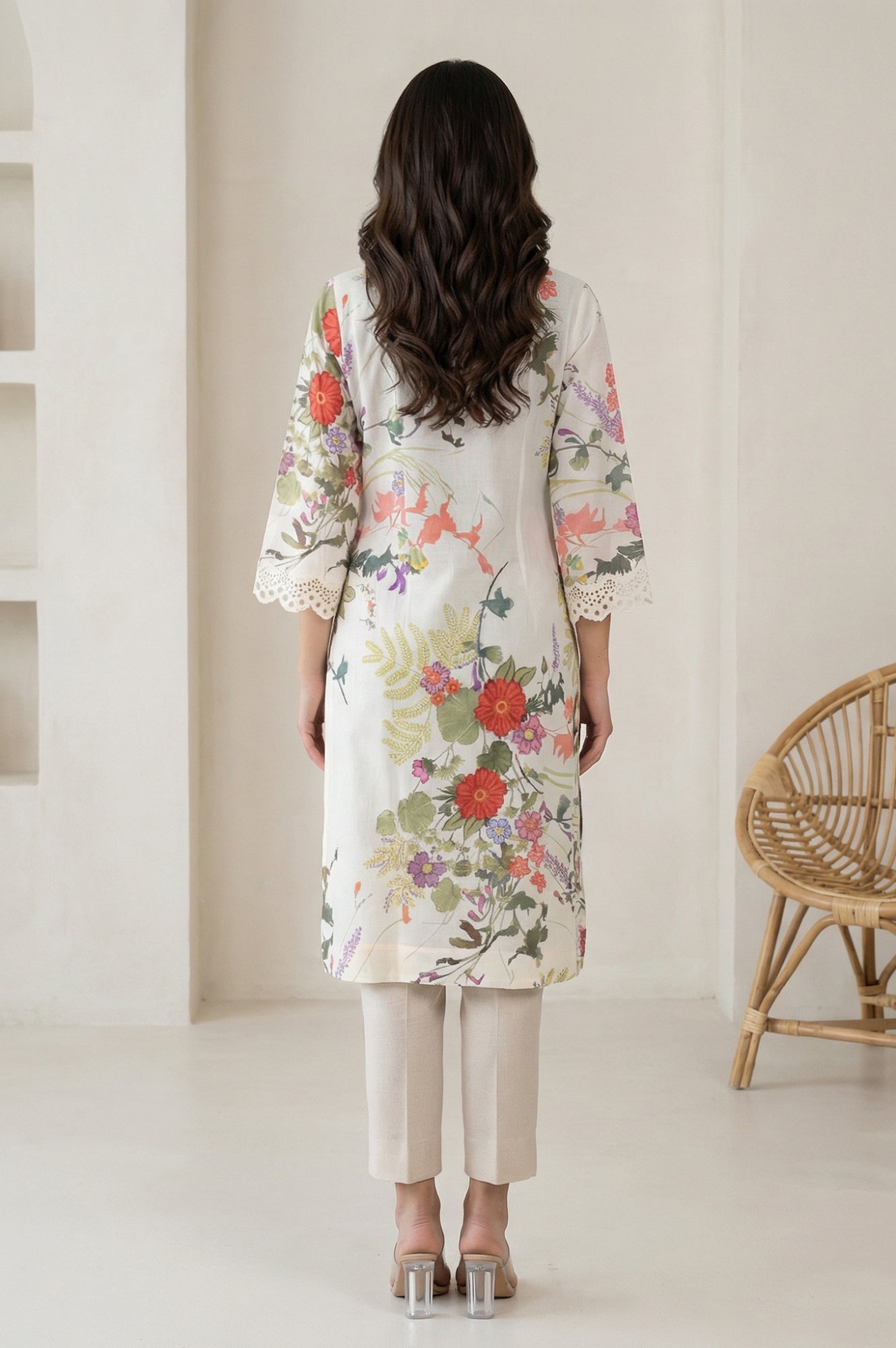 Off White Floral Printed Lace Pure Cotton Straight Kurta