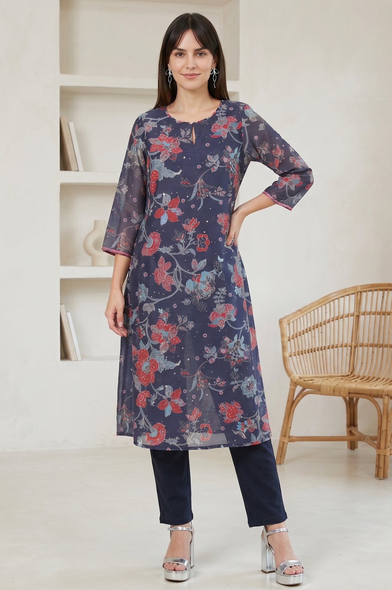Navy Blue Floral Printed Chanderi Straight Kurta