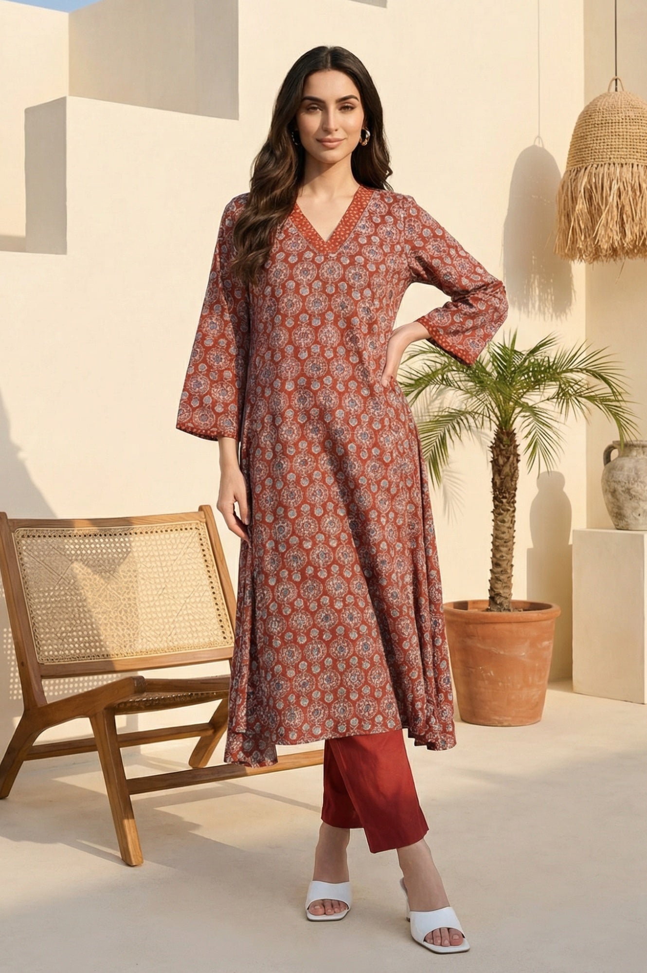 Rust Ethnic Motifs Rayon A-line Kurta