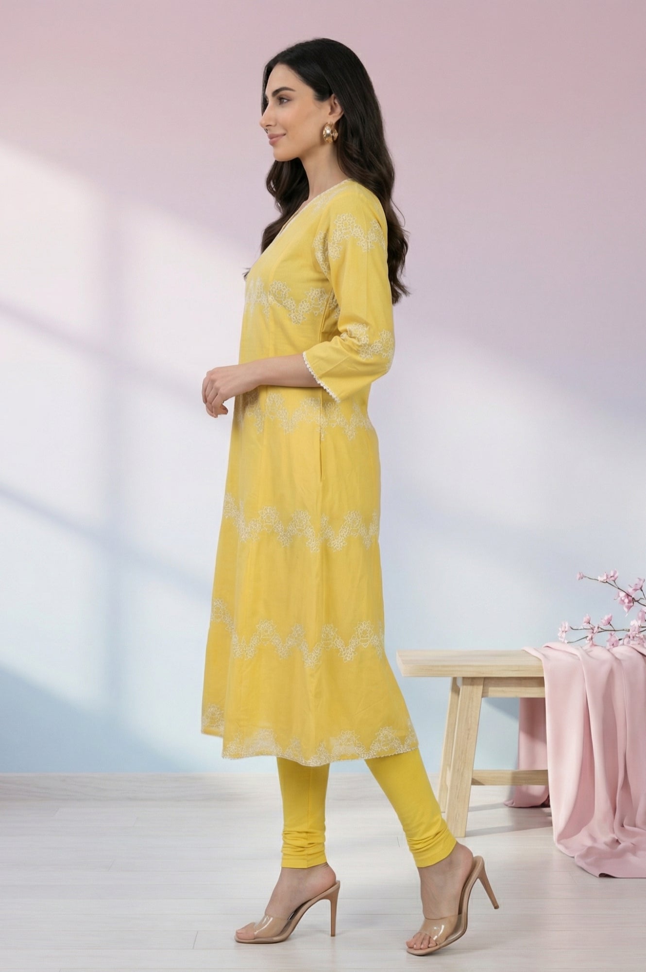 Yellow Thread Embroidered Pure Cotton Flared Kurta