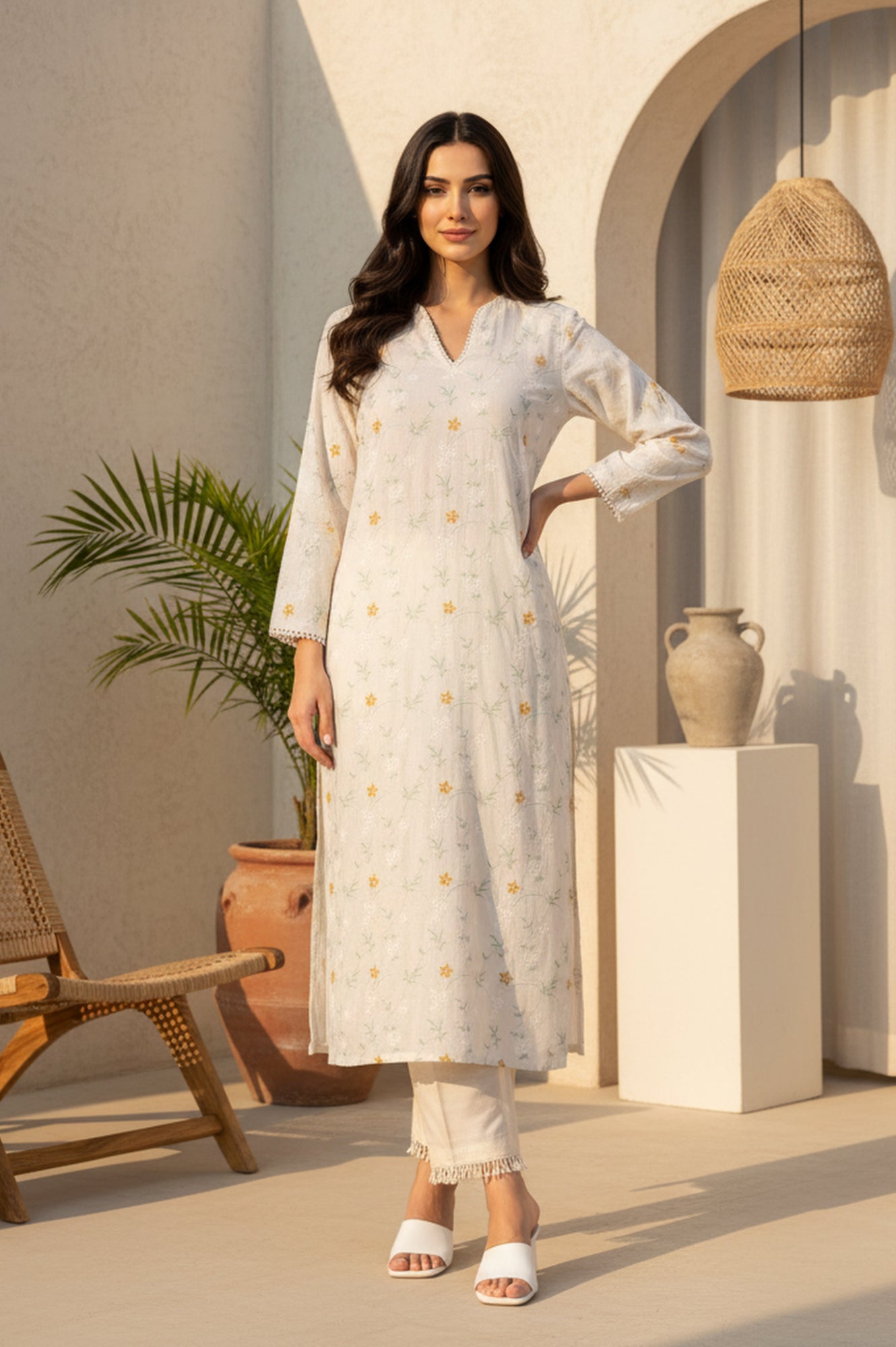 Off White Floral Printed Lace Rayon Straight Kurta