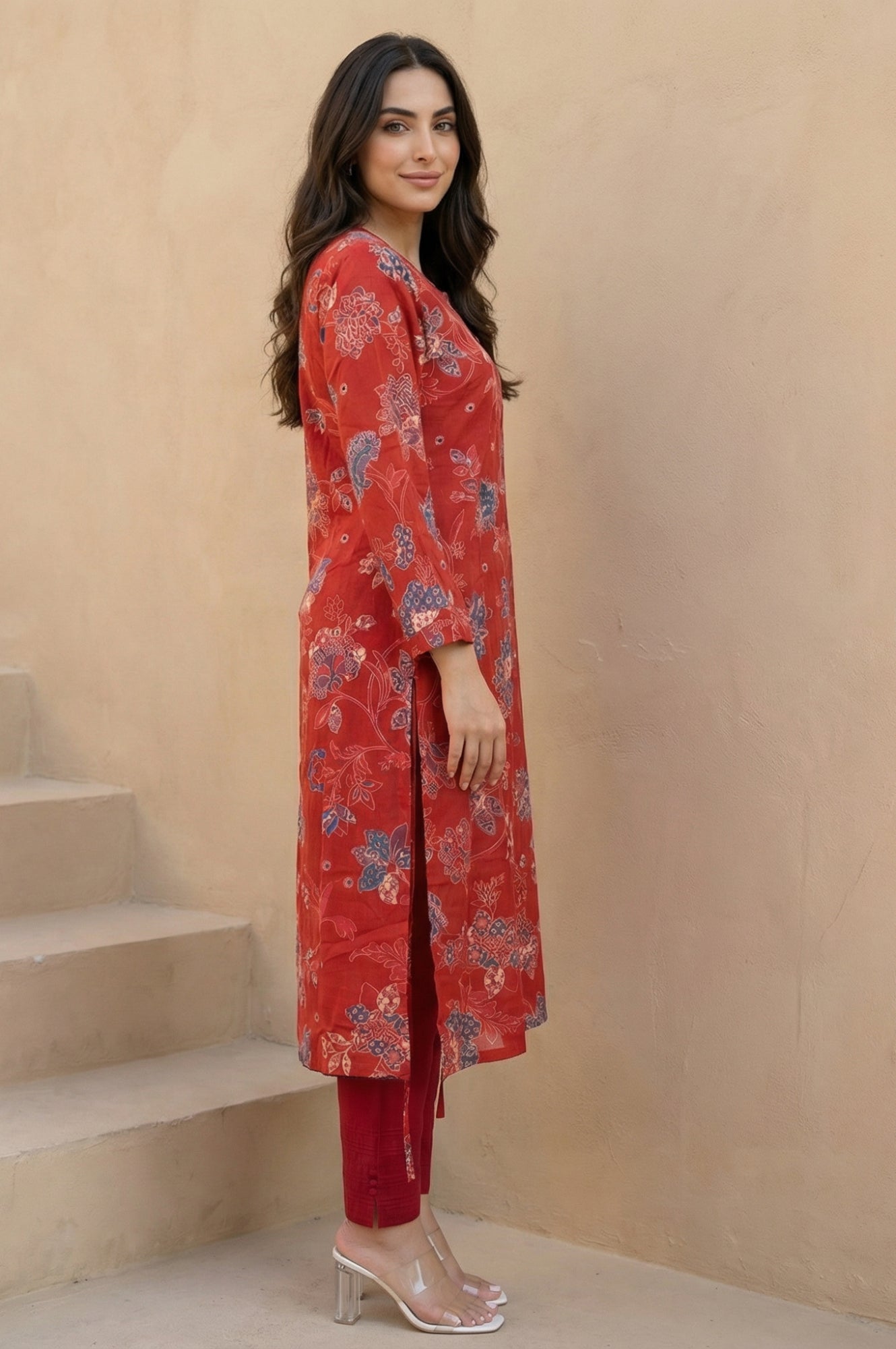 Rust Floral Printed Modal Straight Kurta